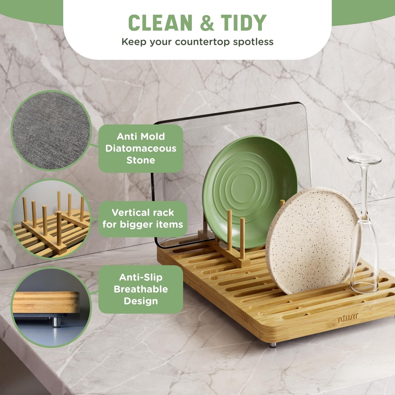 Nium NIUM Stone Drying Mat and Bamboo Rack for kitchen counter, 16x12 inches, diatomaceous material for drying and draining dishes