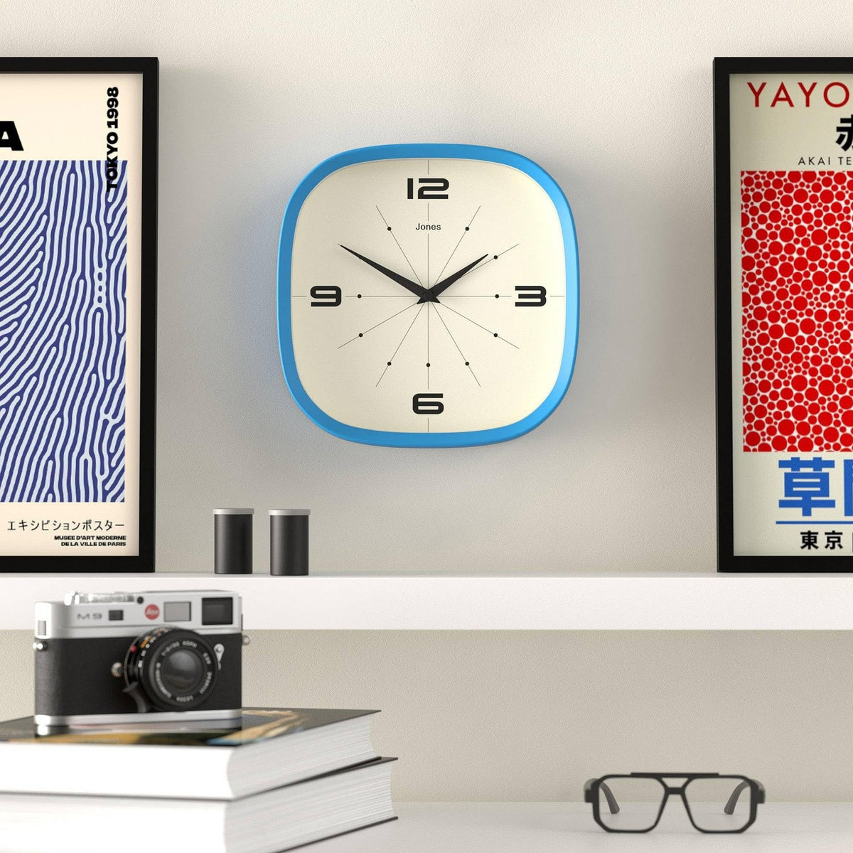 Jones Clocks Pulsar square wall clock with rounded edges, 10-inch blue retro design, modern and stylish for contemporary spaces
