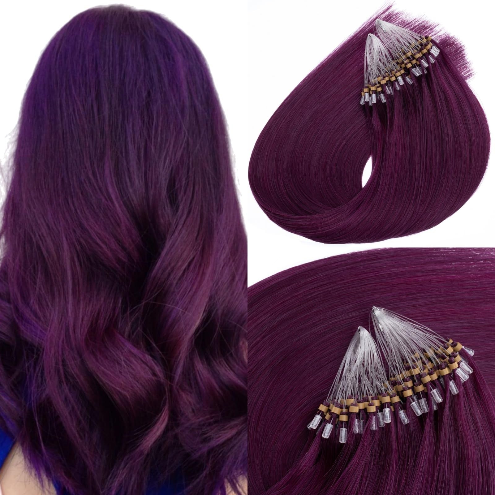 Human hair purple micro link hair extensions by Jinyisong, featuring small microlinks and highlighted purple color.