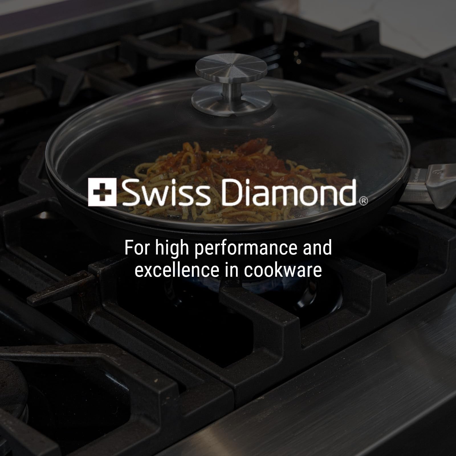 Swiss Diamond nonstick frying pan with lid, featuring durable diamond-coated nonstick surface for easy cooking and cleaning.
