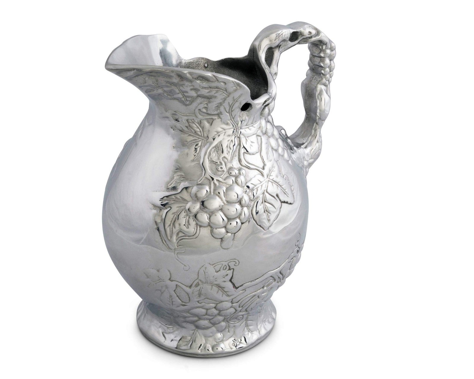 Arthur Court metal vineyard pitcher with grape pattern, sand casted aluminum, featuring intricate grapevine design.