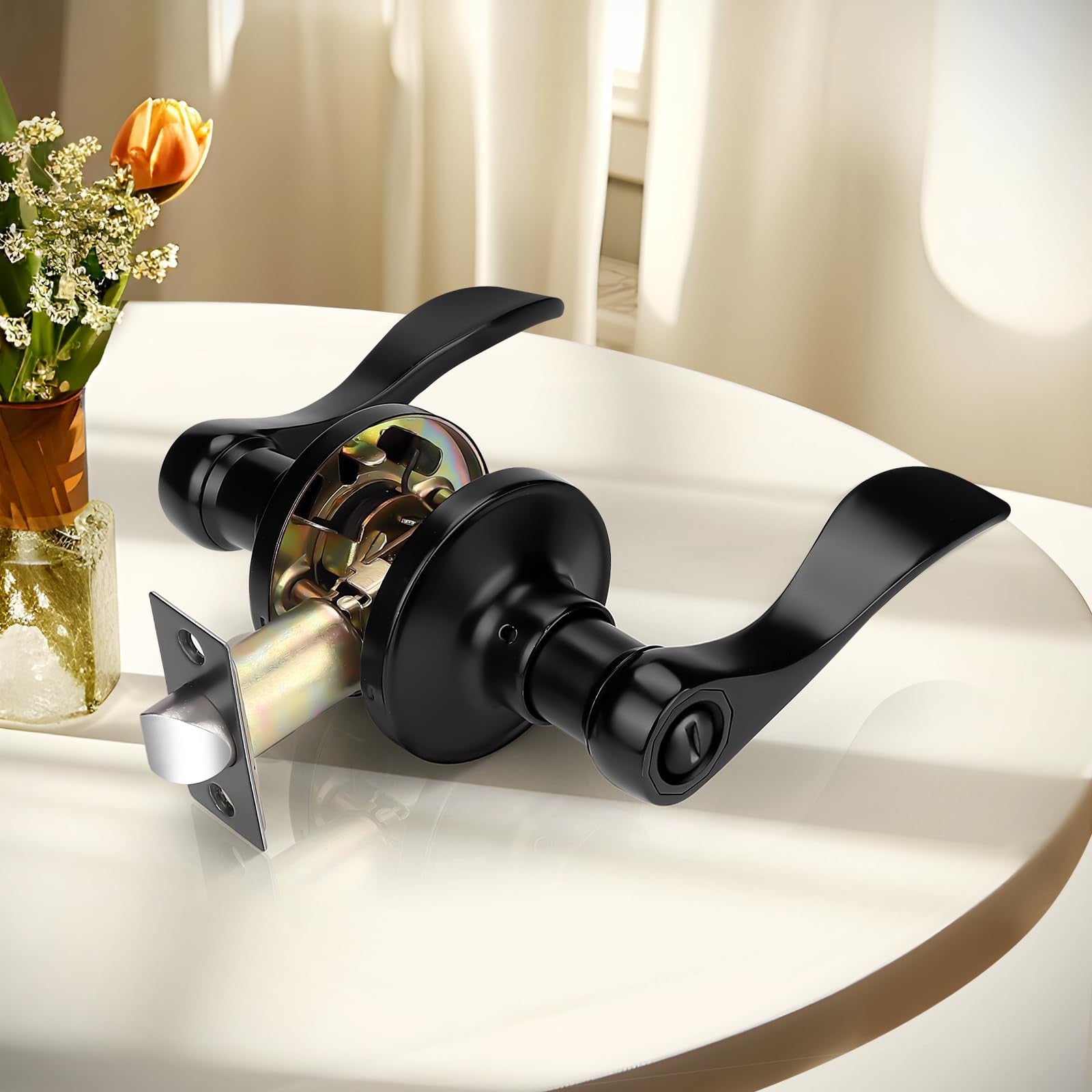 Set of four Probrico black privacy door handles for bathrooms and bedrooms with lever design and secure latch mechanism.