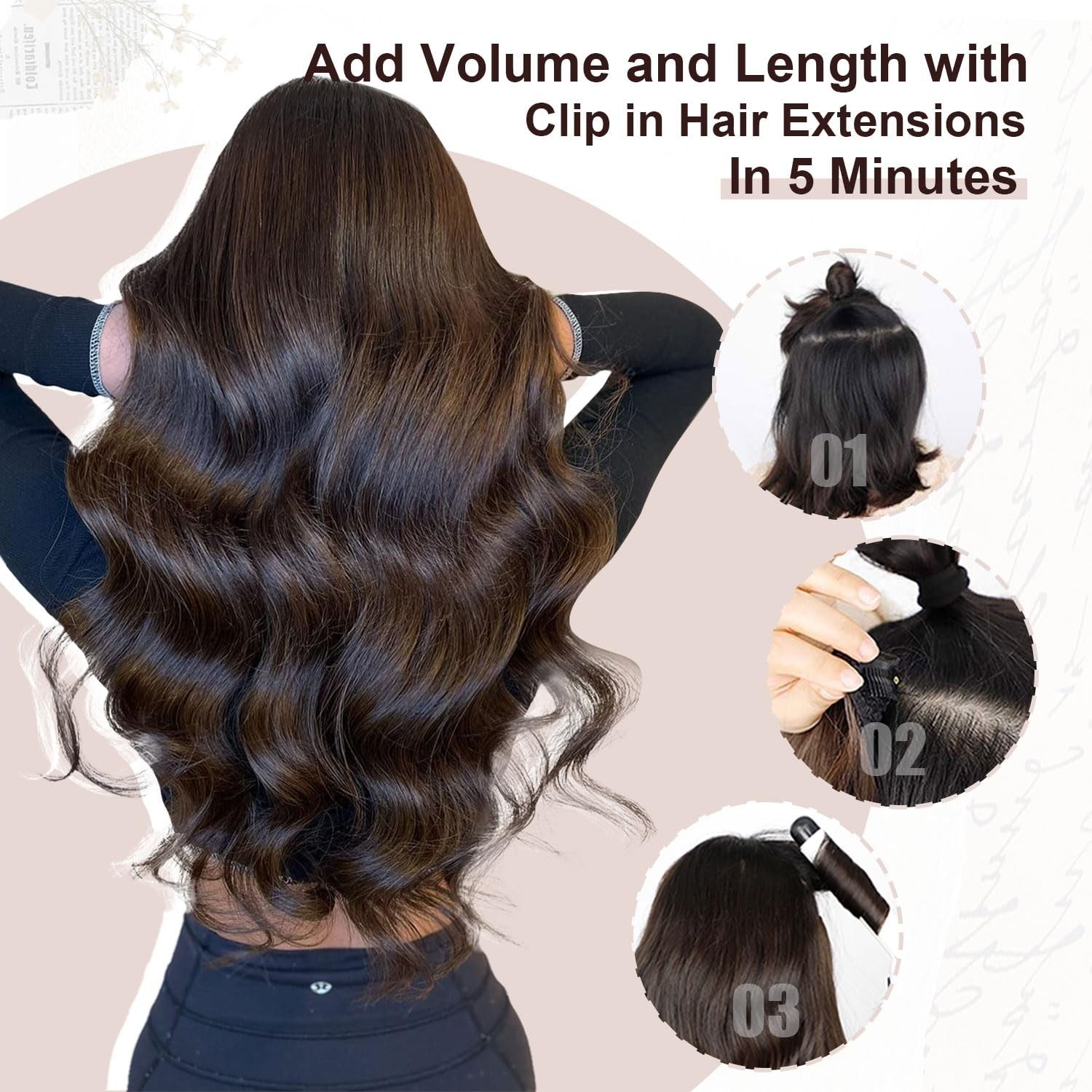 XDhair clip-in hair extensions in ash brown, 14-inch straight real human hair, styled in a natural, sleek look.