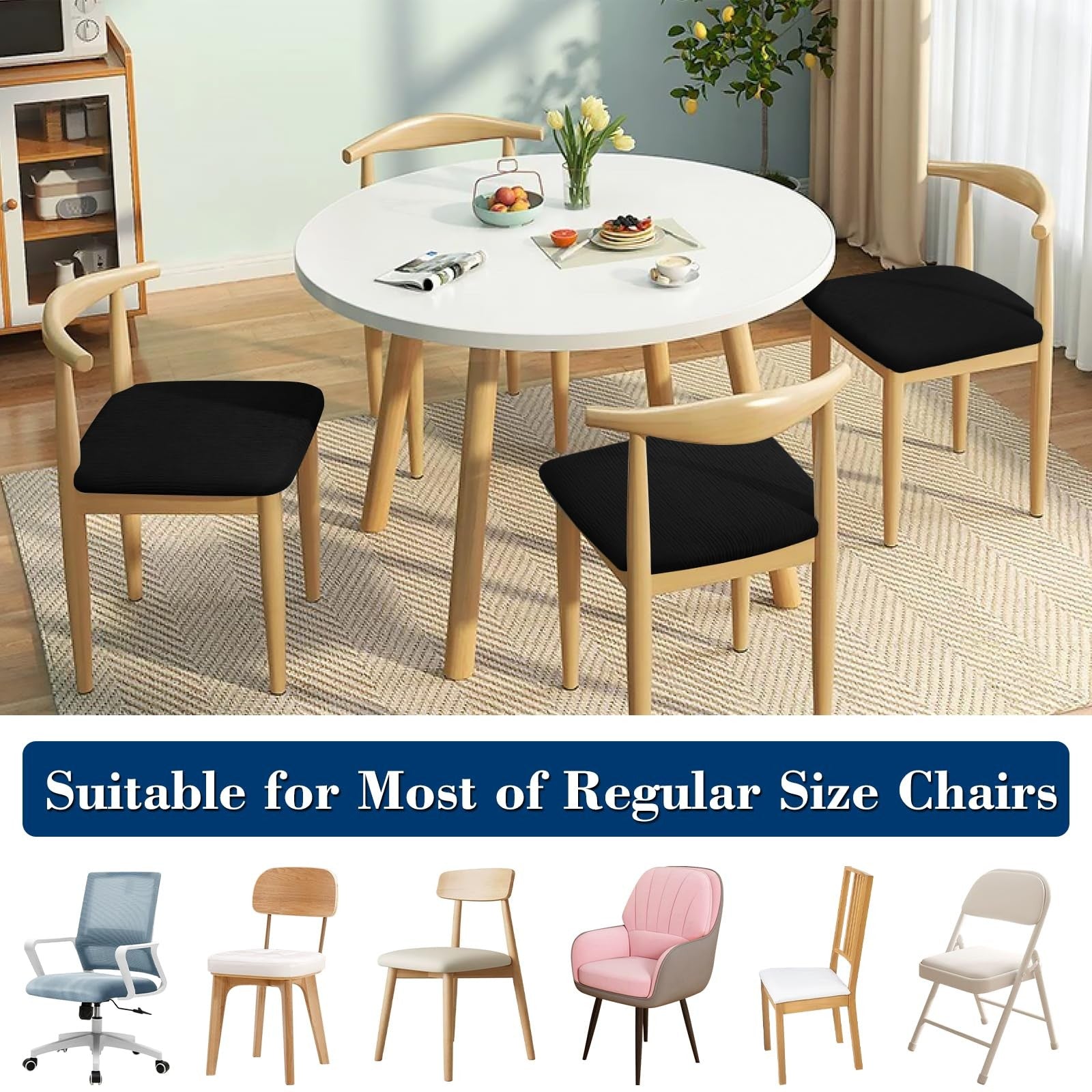 Set of 8 washable Fafua dining chair seat covers with fitted design, ideal for protecting and updating your dining room chairs.