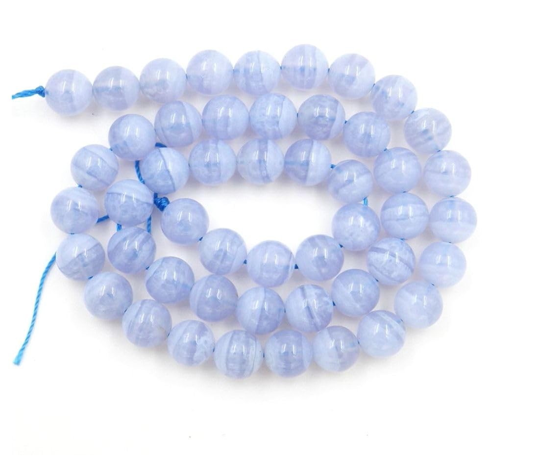 Two strands of small 4mm round natural blue lace agate healing gemstones, unbranded, displayed in a close-up image.