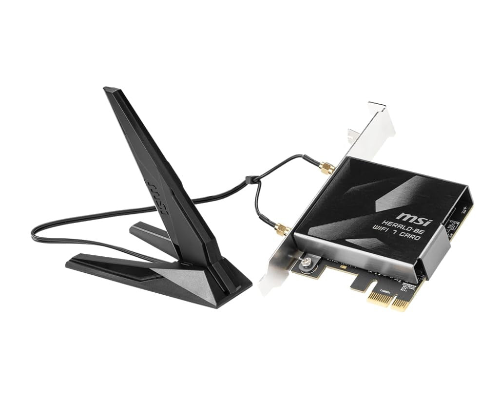 MSI Herald-BE Wi-Fi 7 MAX network card with Wi-Fi 7, Bluetooth 5.4, PCIe, and multi-link operation, shown in close-up image.
