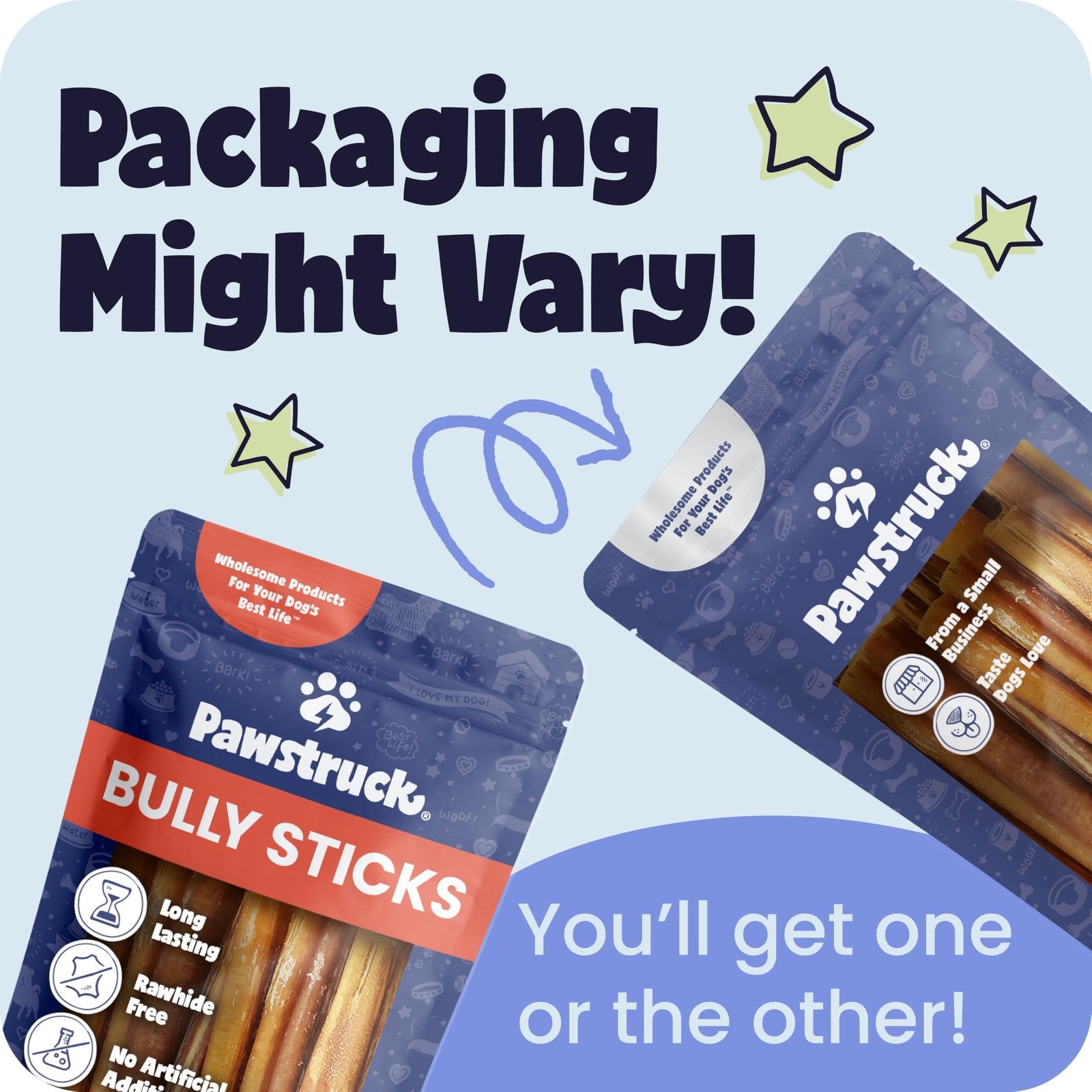 Pawstruck 12-inch all-natural bully sticks for dogs, rawhide-free, low odor, displayed on a clean surface with a dog chew.