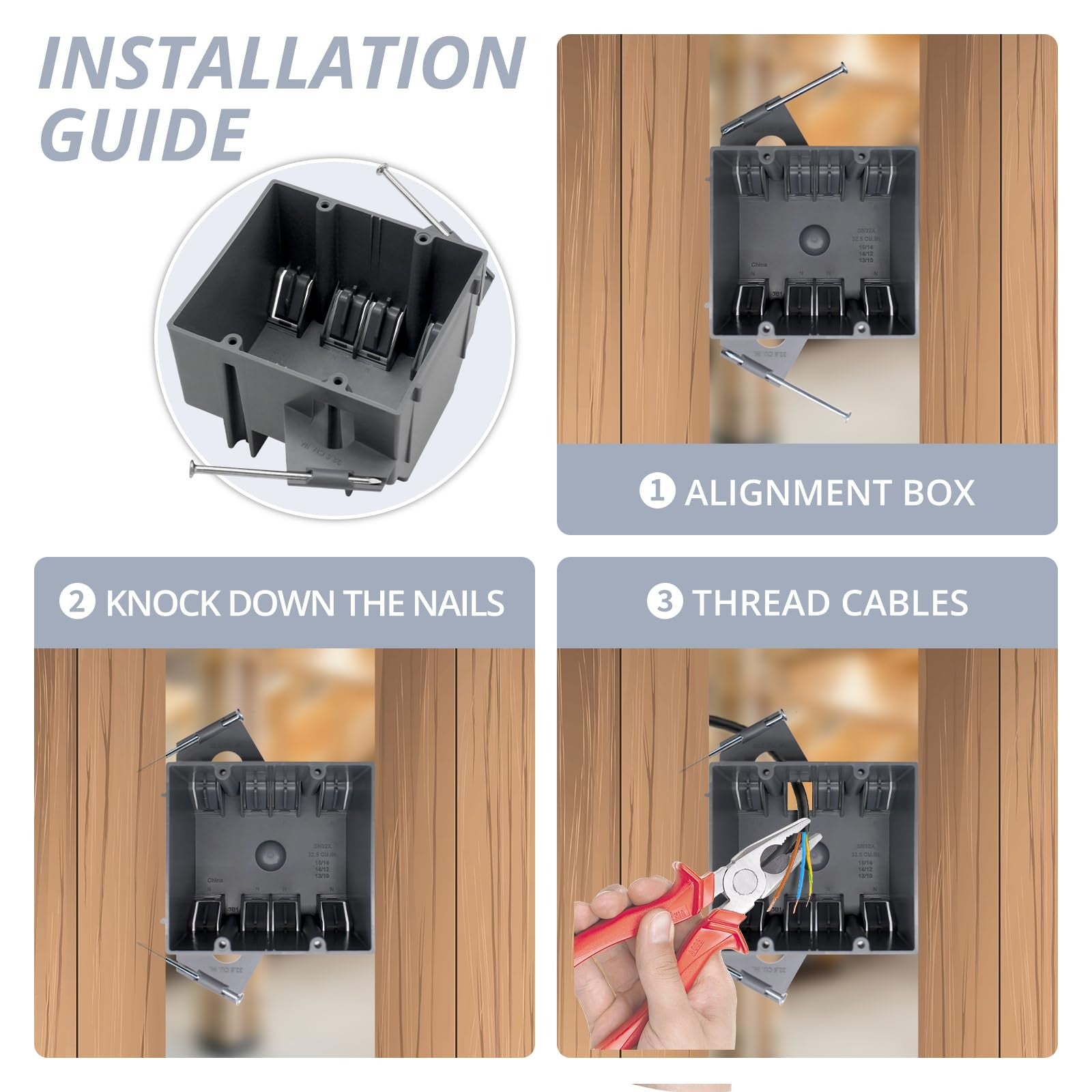 YQSIYU 2-gang electrical box in gray, 32 cu in remodel drywall outlet box, shown in a 6-pack for electrical installations