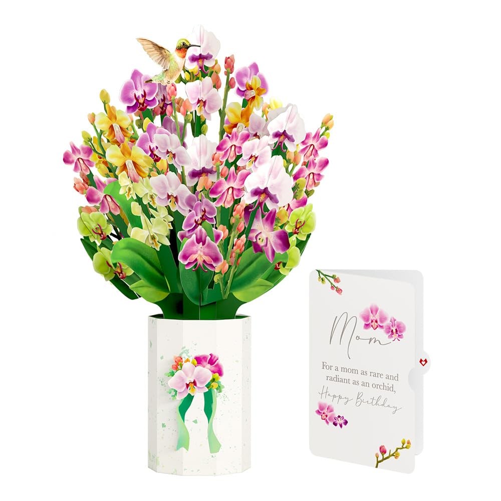 Lovepop birthday bouquet for mom featuring an orchid flower arrangement with birthday sentiment, approximately 12 inches tall.