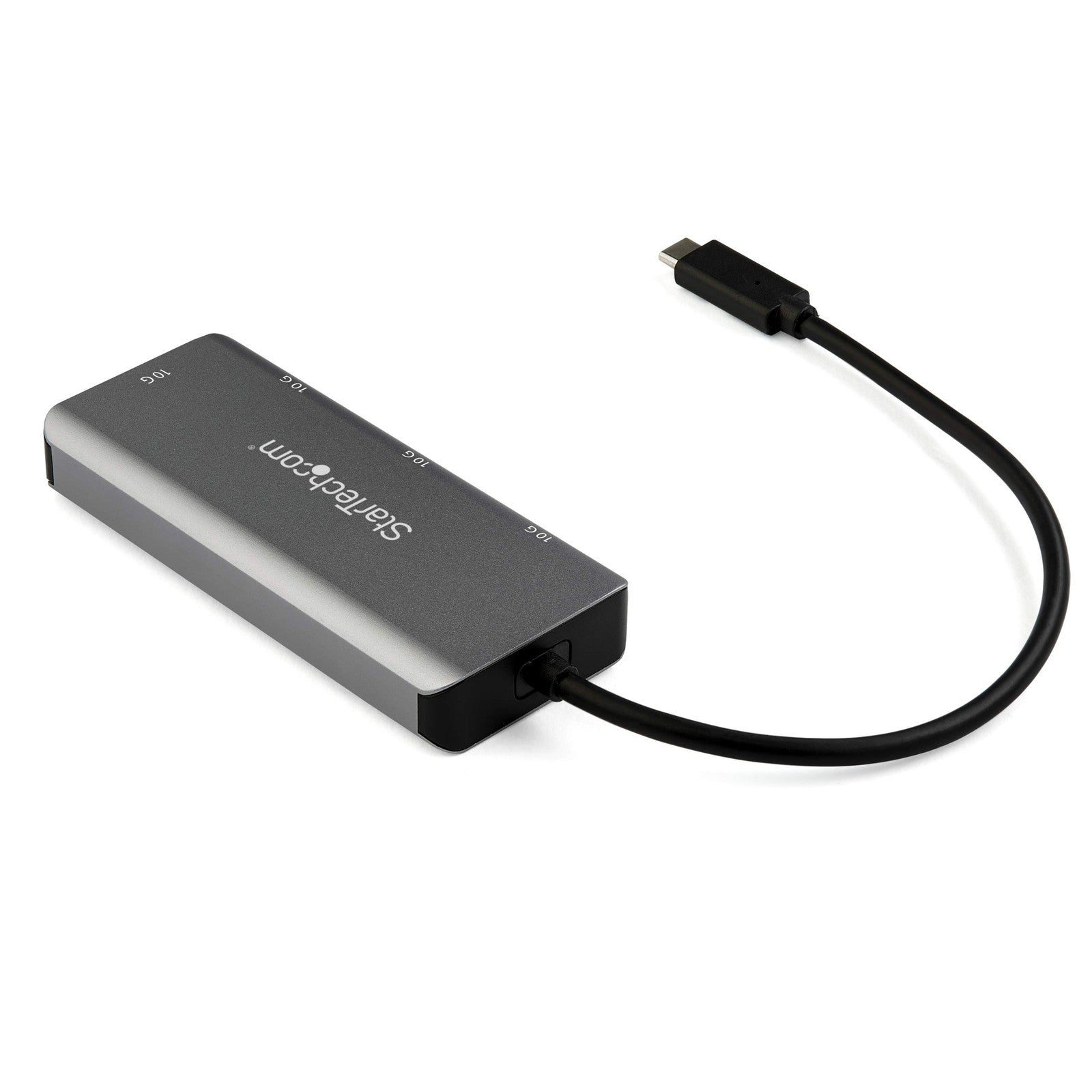 StarTech.com 4-Port USB-C Hub with 2 USB-A and 2 USB-C ports, supporting 10Gbps data transfer, connected to a laptop.