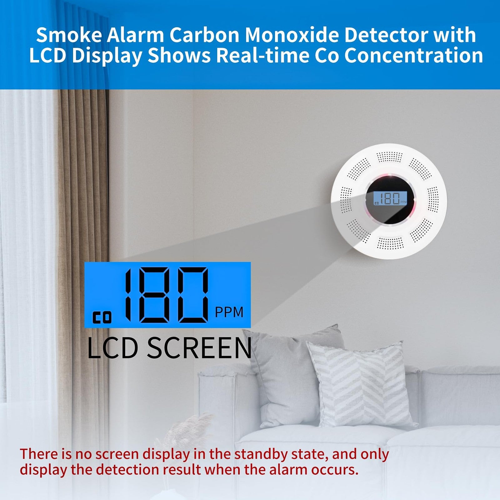 GiiHoo 2-in-1 smoke and carbon monoxide detector with digital display and sensor, mounted on a wall in a home setting.
