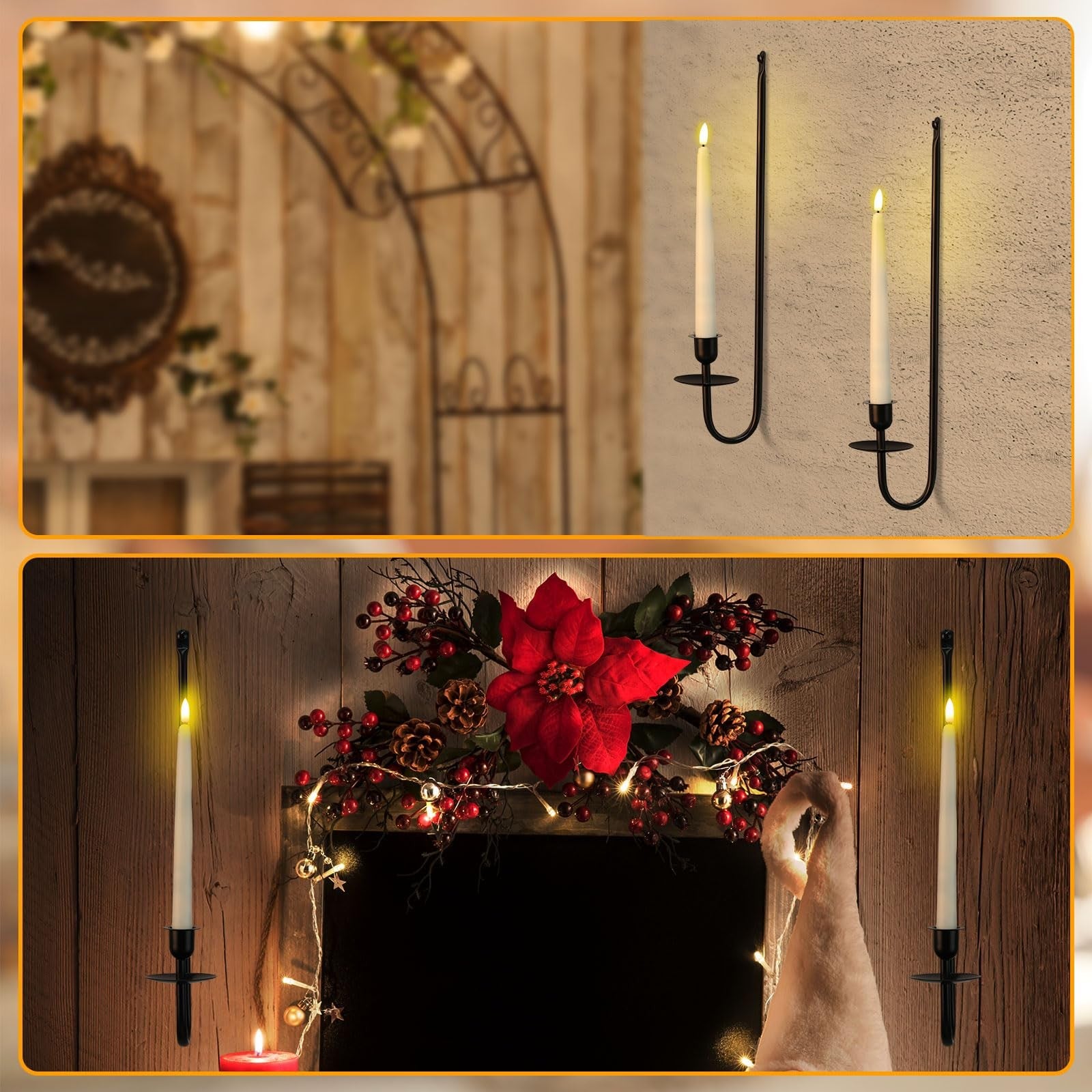 Tessco for you metal wall mount candle sconces with 9.6-inch LED flameless taper candles on a decorative wall.
