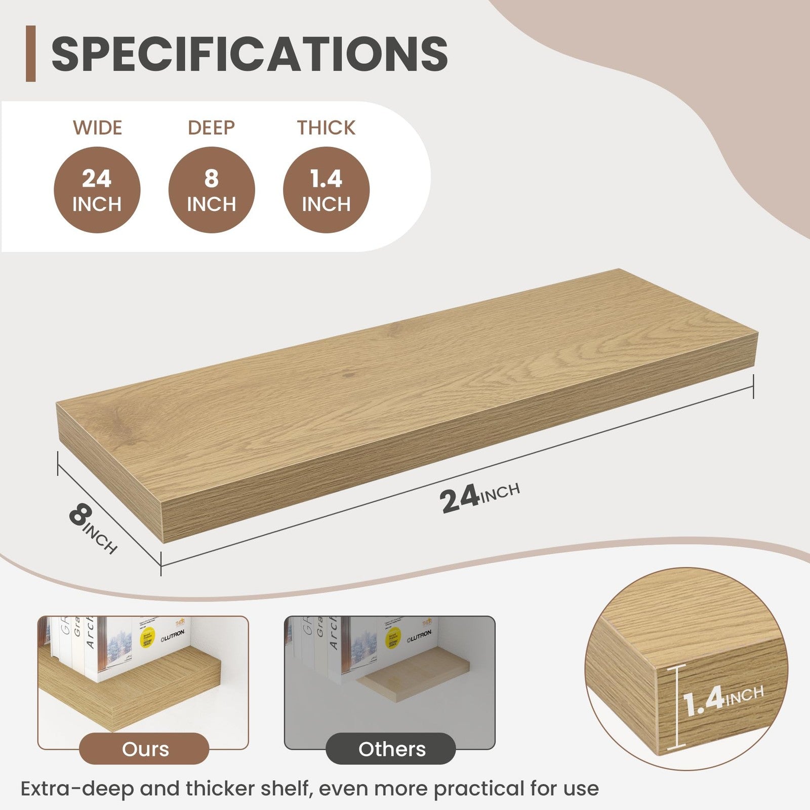 Acovy 24-inch floating wall shelves, 8-inch deep, mounted on a wall with decorative items displayed on the shelves.