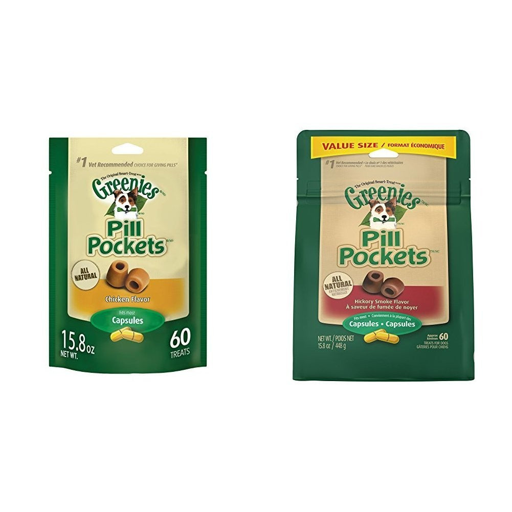 Greenies Pill Pockets dog treats in chicken and hickory smoke flavor, 15.8 oz, featuring soft, chewable pockets for medication.