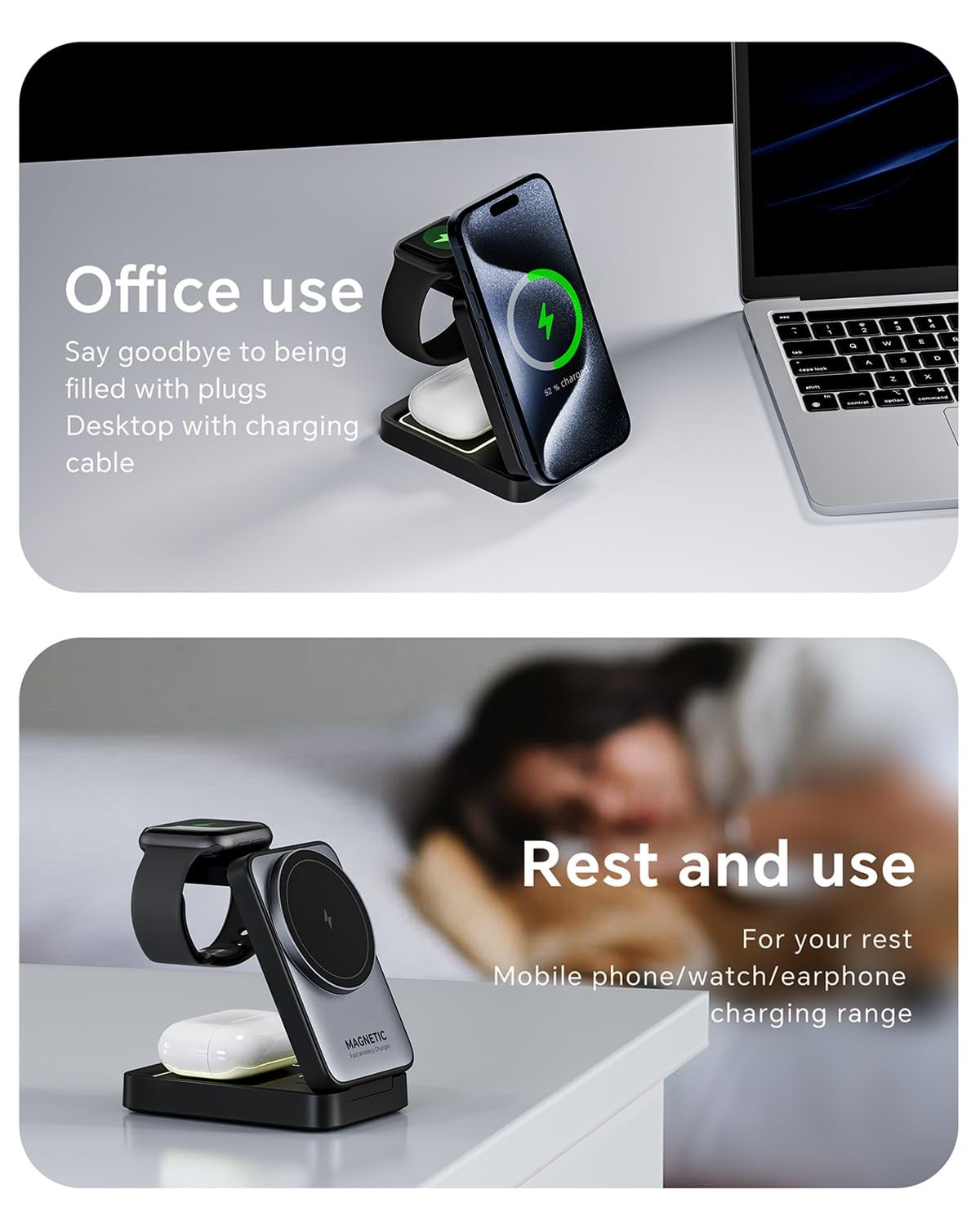 BODSEIEOU 2026 upgraded 3-in-1 wireless charger for iPhone with magnetic stand for convenient charging during travel