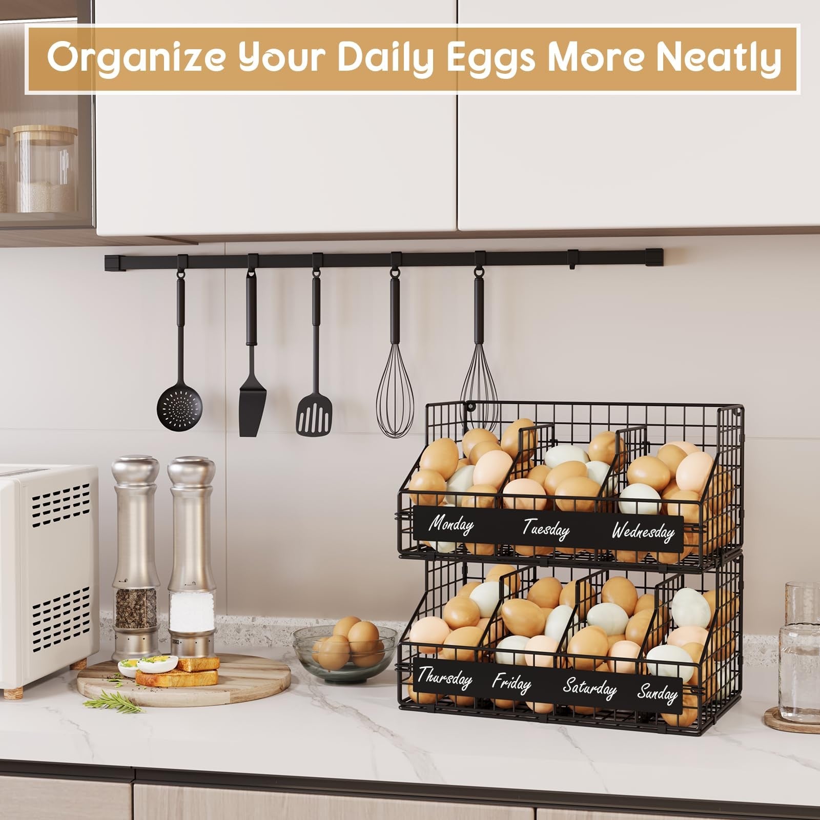 keomaisyto fresh egg holder with 2 tiers and 5 dividers for organizing eggs in the refrigerator, designed for weekly storage.
