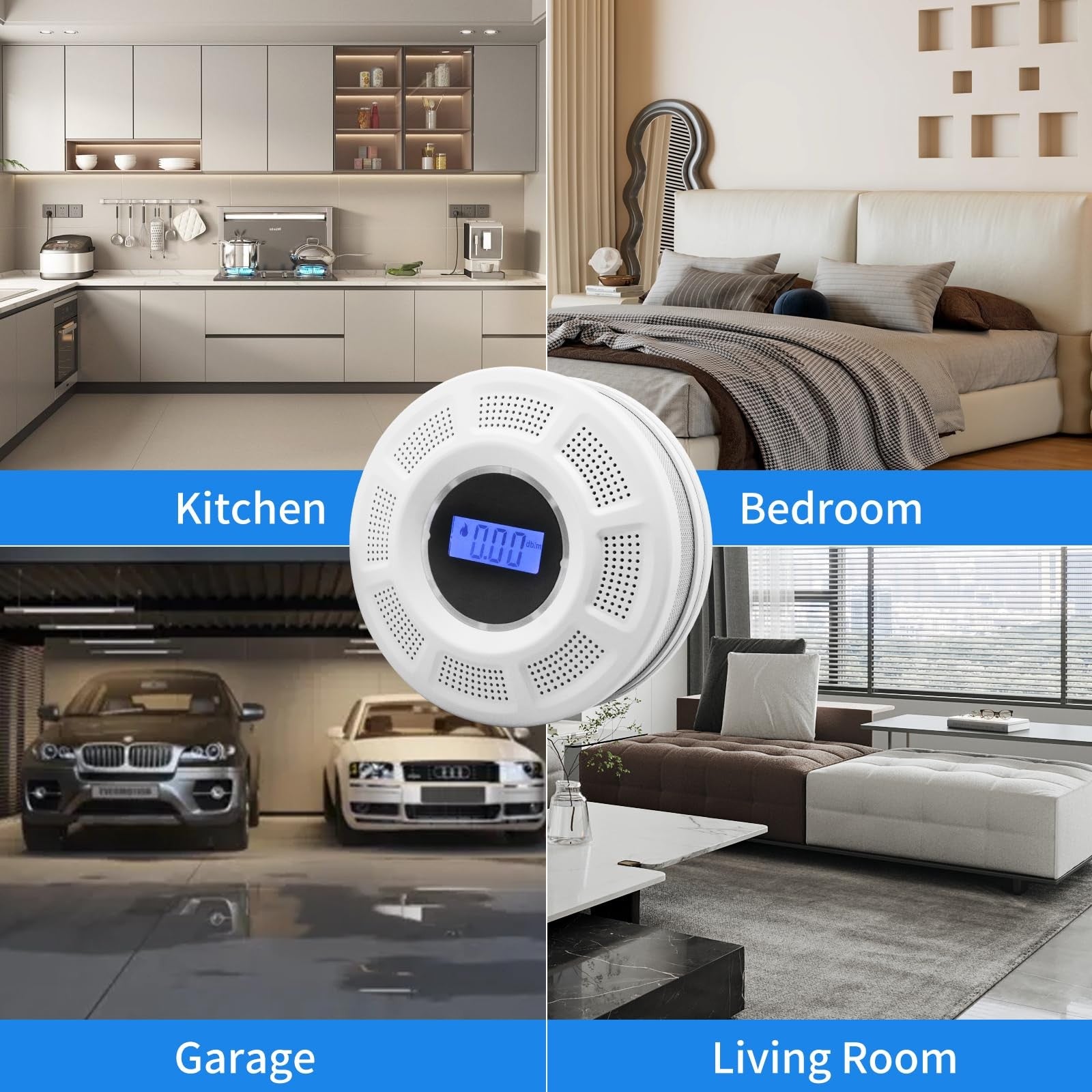 GiiHoo 2-in-1 photoelectric smoke and carbon monoxide detector with digital display and alarm buttons, mounted on wall