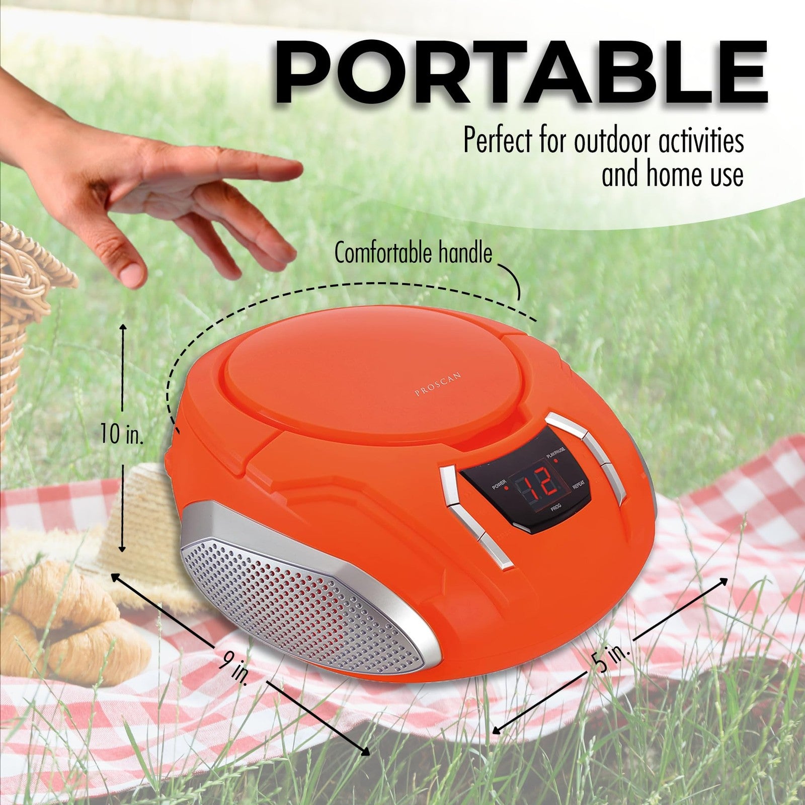 PROSCAN ELITE portable CD player boombox with built-in speakers and AM/FM radio, shown with sleek black design and control buttons