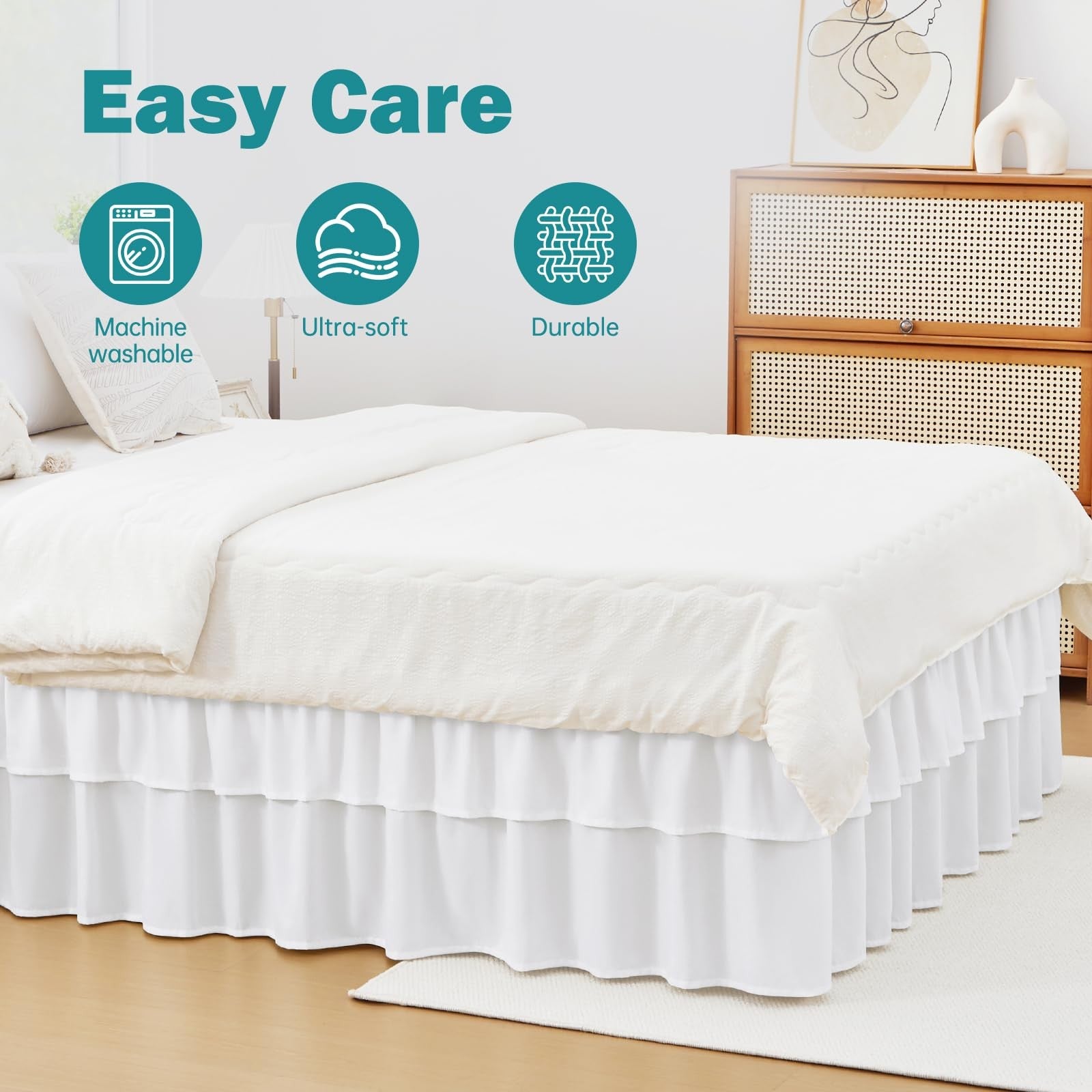 White Vocander queen size bedskirt with 14-inch drop, two layers, easy to install, designed for a clean, elegant bedroom look.