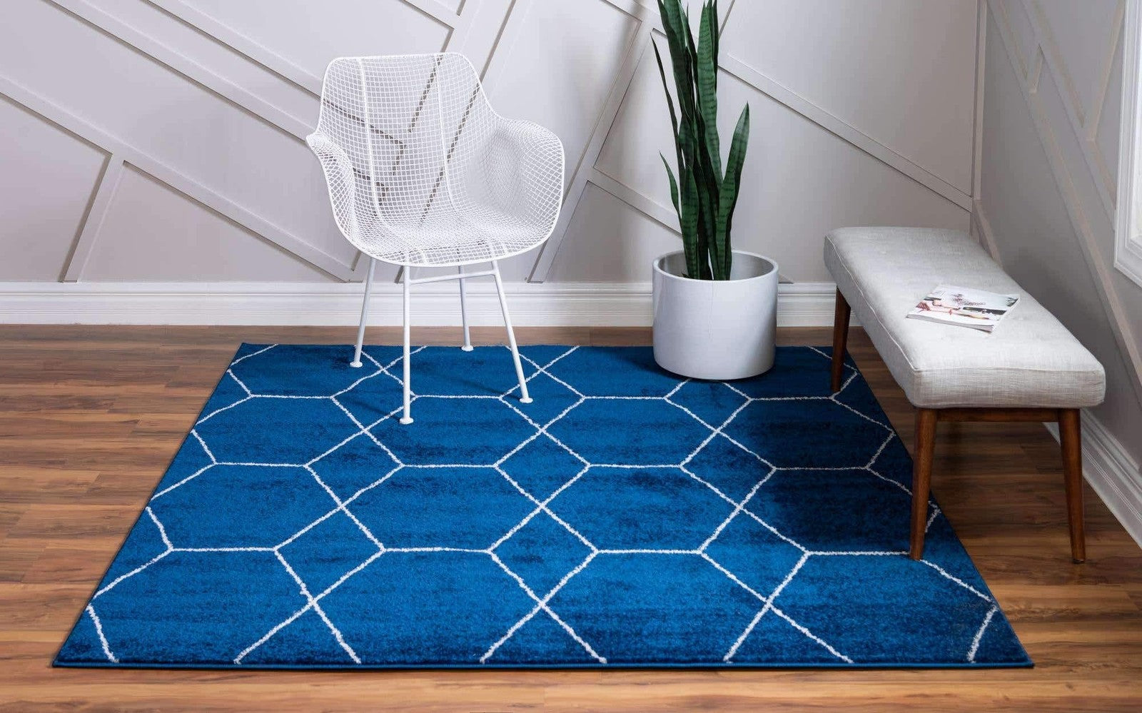 Unique Loom Trellis Frieze Collection area rug featuring navy blue geometric pattern on a 7-foot square size.