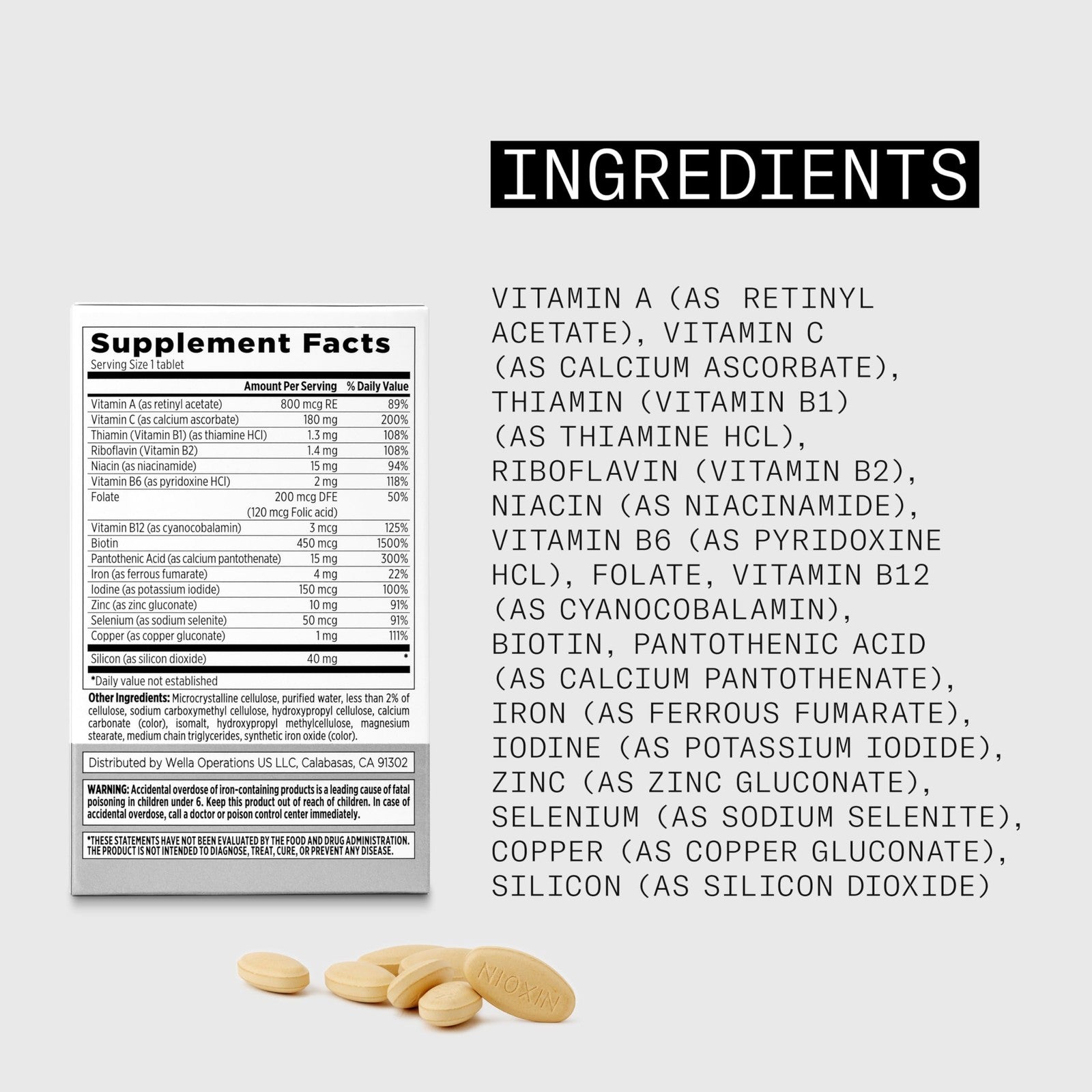 NIOXIN Density Defend Hair Growth Supplements bottle with Biotin, Zinc, and Iron, displayed on a white background.