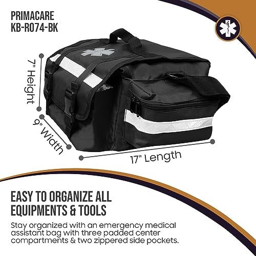 Primacare KB-RO74-BK black first responder trauma bag with handles, compartments, and medical organization for EMT and EMS use.