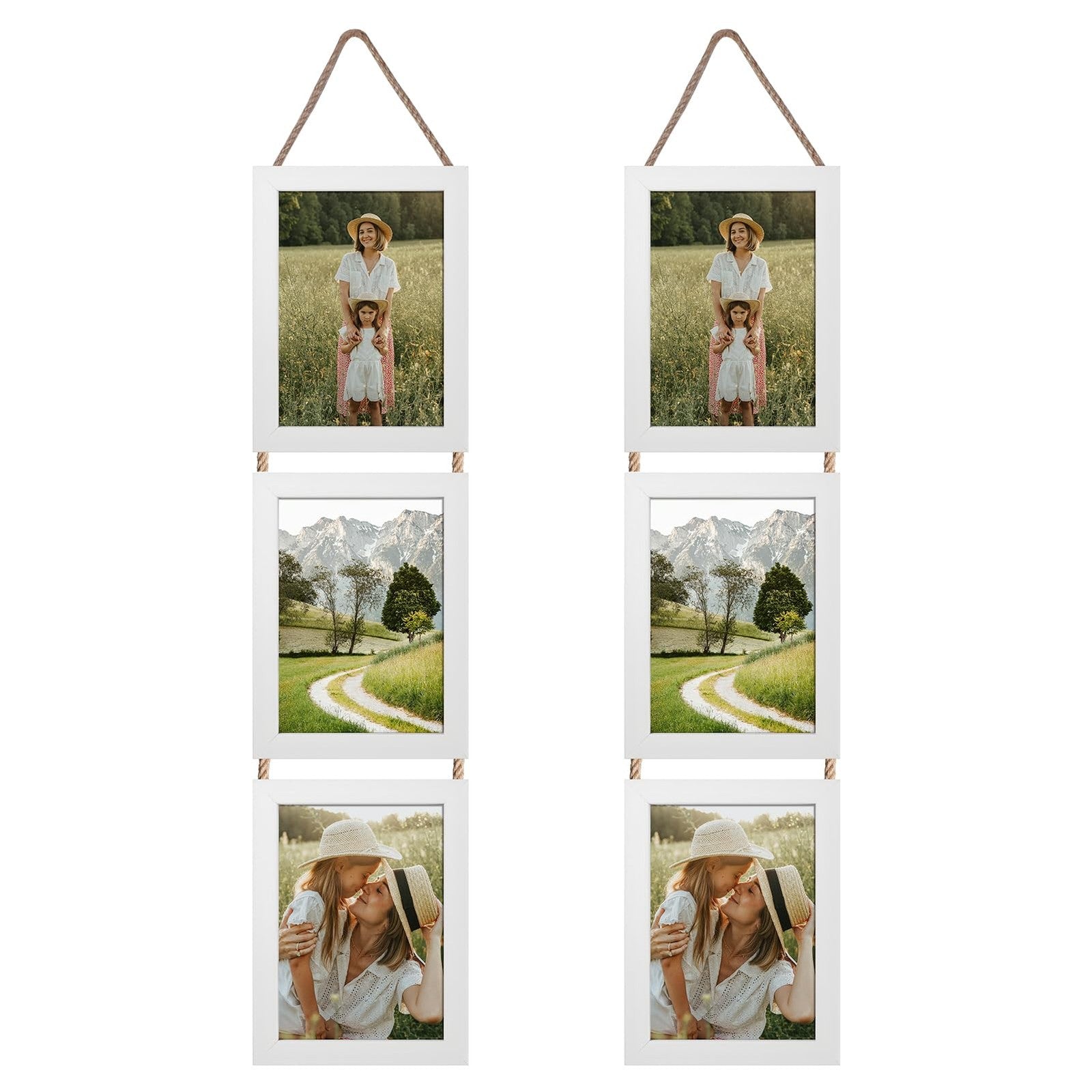 Lavezee 5x7 white hanging collage picture frames set of 2 with 6 openings, vertical orientation, for wall display.