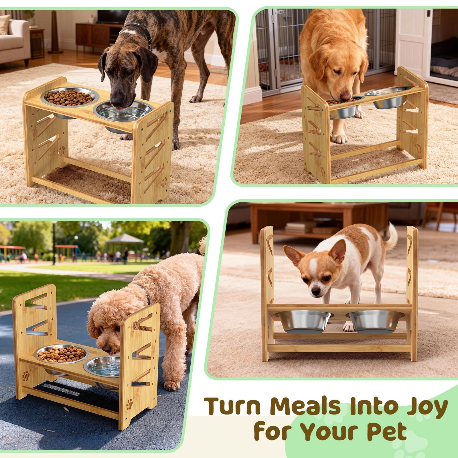 CozyLazy elevated dog bowl stand with adjustable height for large and medium dogs, featuring two stainless steel bowls on a sturdy frame.