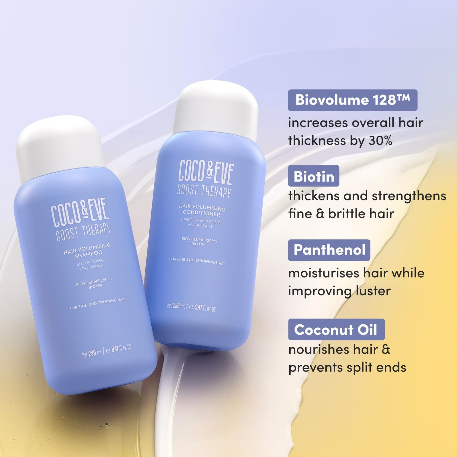 Coco & Eve Boost Therapy hair volumizing shampoo and conditioner bundle set with bottles and labels visible.