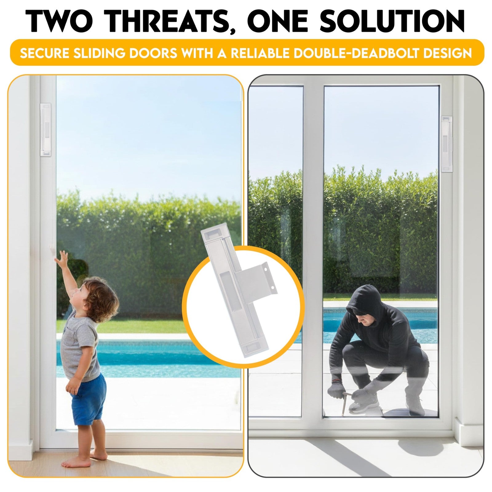 TOUGHBOLT sliding door lock with double deadbolt security and child safety feature, installed on a glass sliding door.