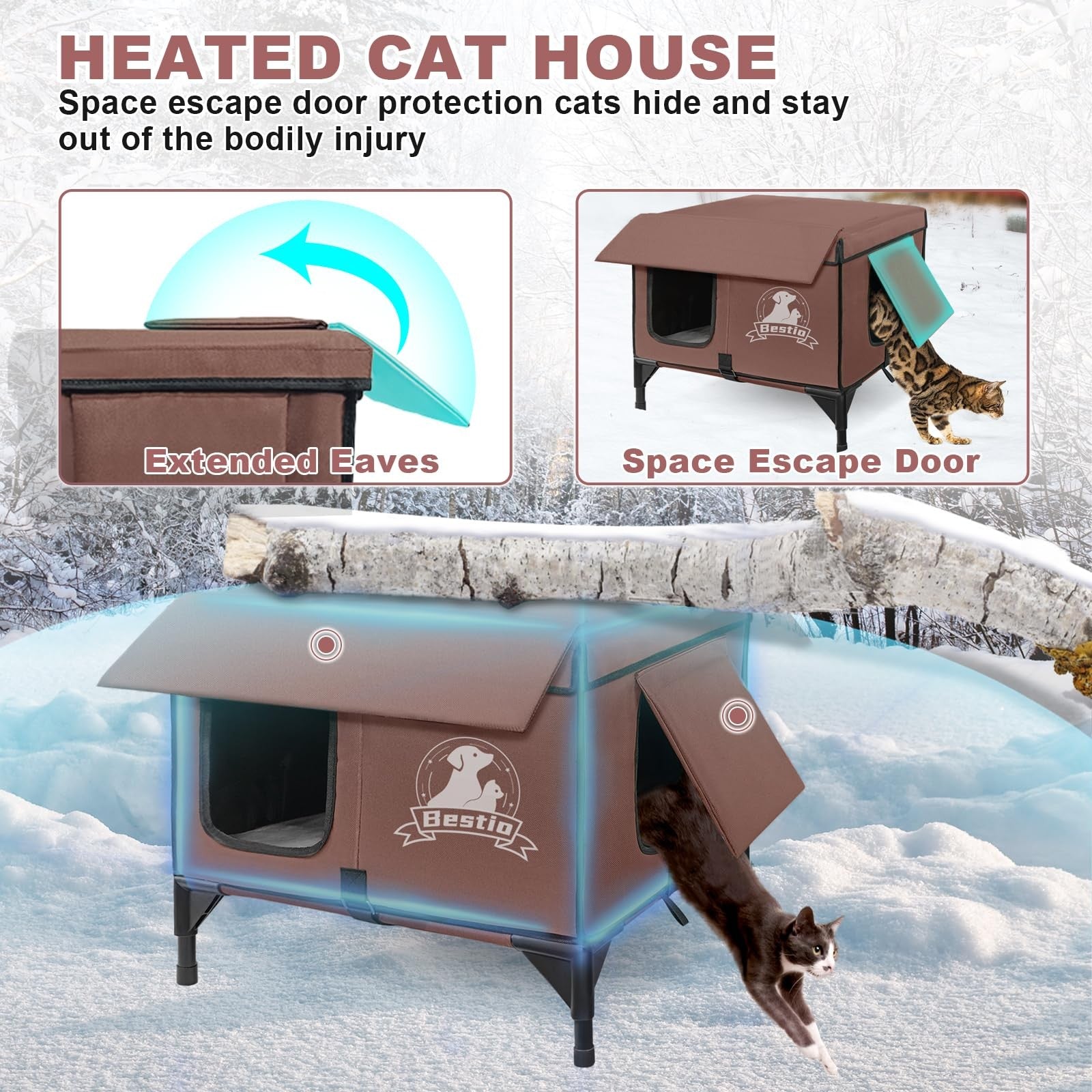 Bestio heated outdoor cat house with elevated base and eave design, ideal for providing warmth and shelter for outdoor cats