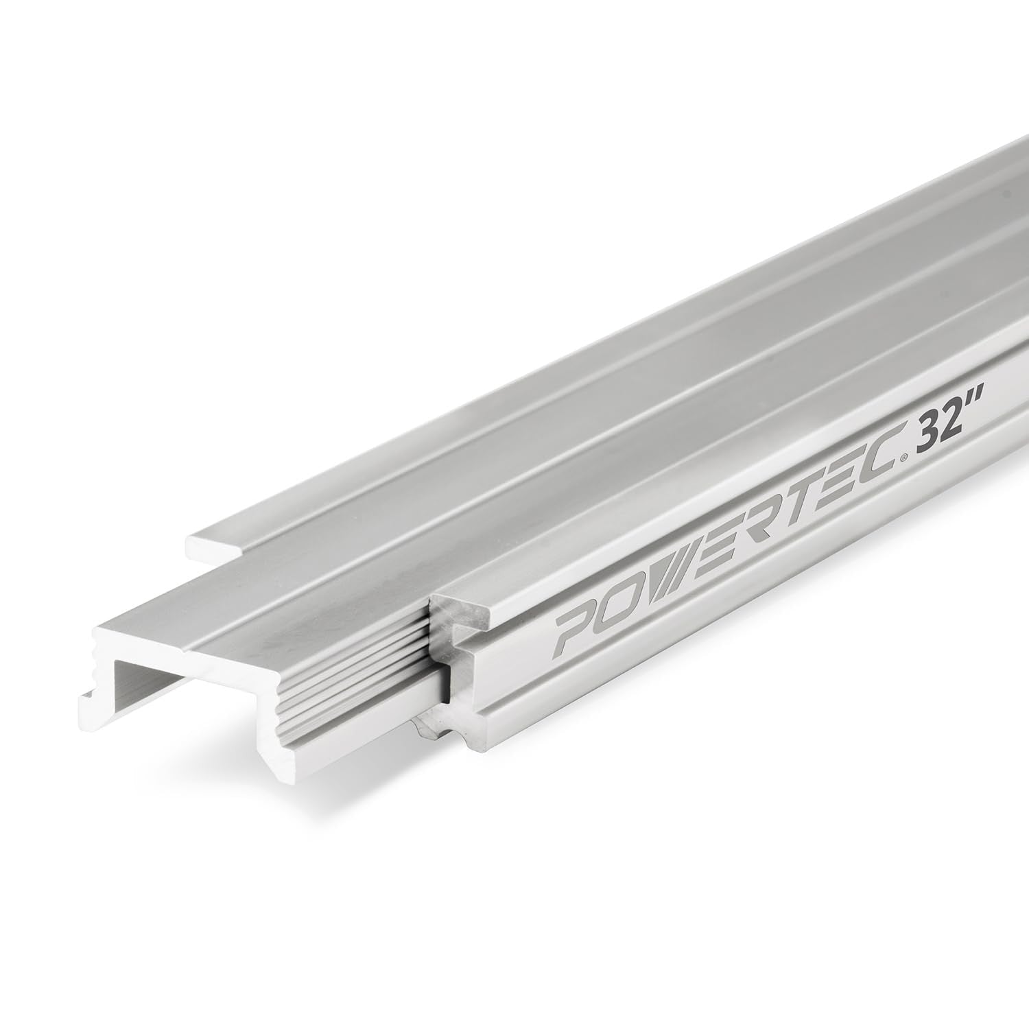 Powertec 32-inch aluminum miter T-track T-bar set for benchtop table saws and routers, shown installed on a workbench surface.