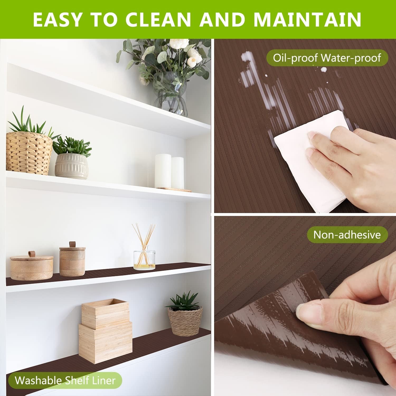 Durable Anze kitchen cabinet shelf liner with non-adhesive design, shown in a drawer with organized kitchen storage.