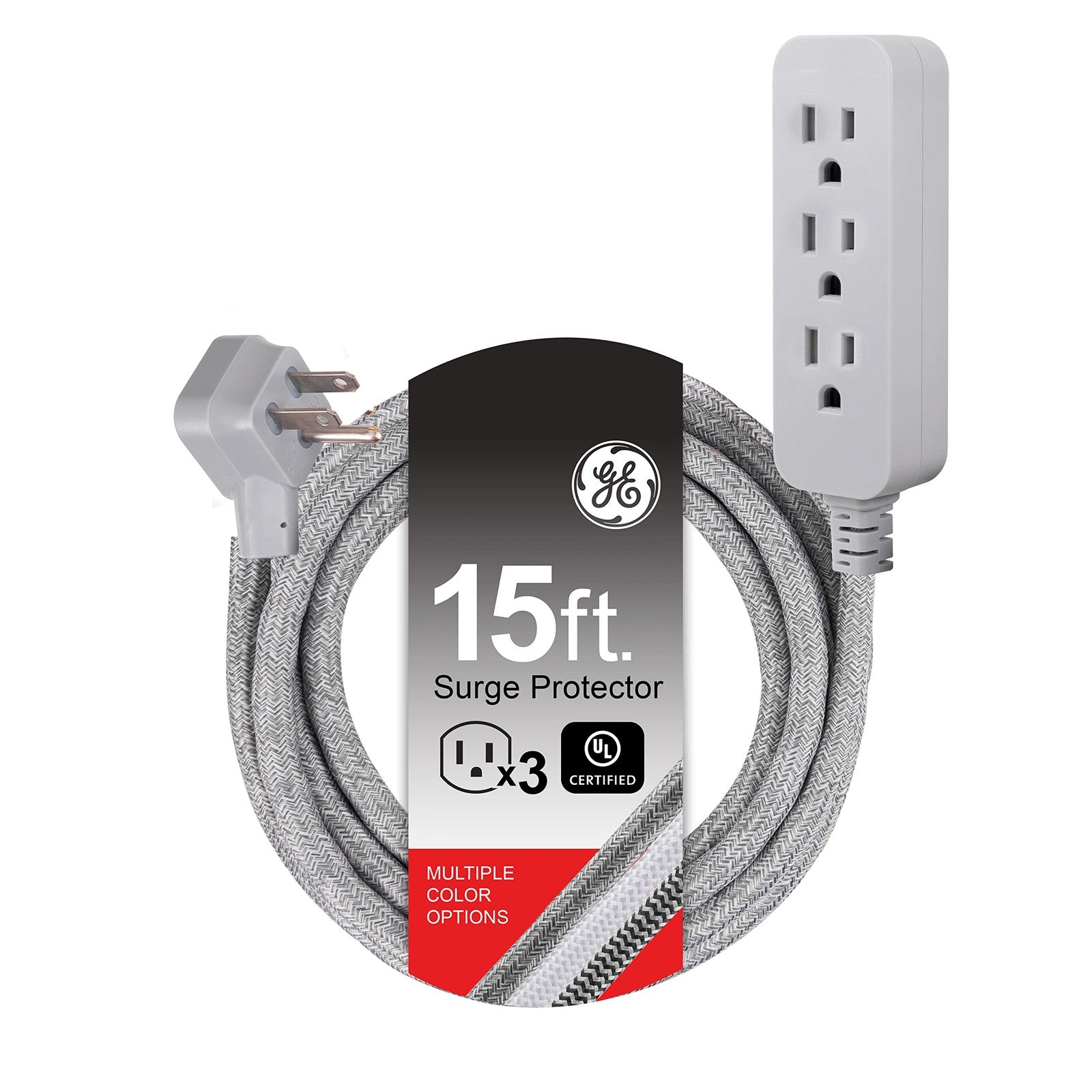 GE Pro 3 Outlet Surge Protector Power Strip with 15-foot braided extension cord, durable design for home or office use.