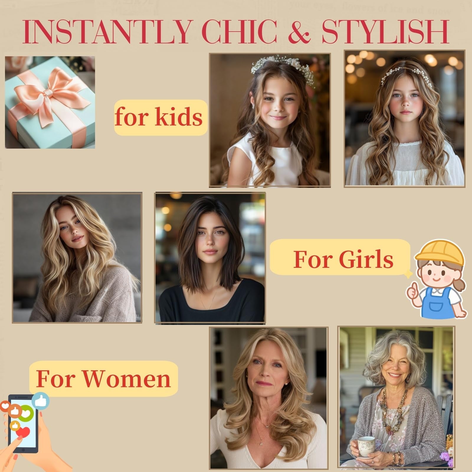 Rich Choices clip-in hair extension with real human hair, featuring wave and curly styles, shown in a six-piece set.