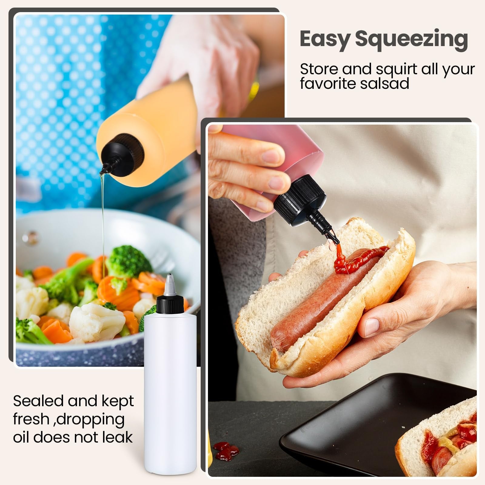 Irenare 30-pack black plastic condiment squeeze bottles, 16oz for sauces, BBQ dressings, and condiments, arranged in a group.