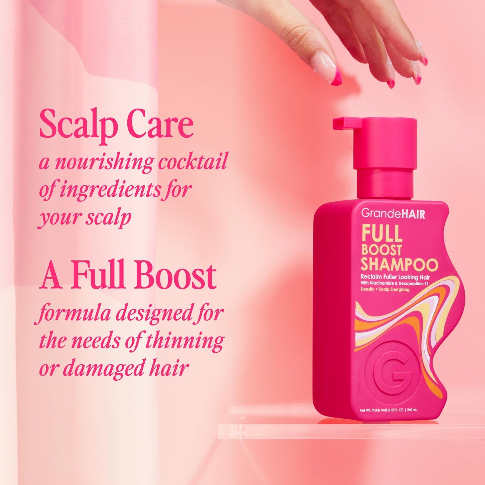 Grande Cosmetics GrandeHAIR Peptide Shampoo bottle with hair thickening formula and soothing label, displayed against a neutral background.