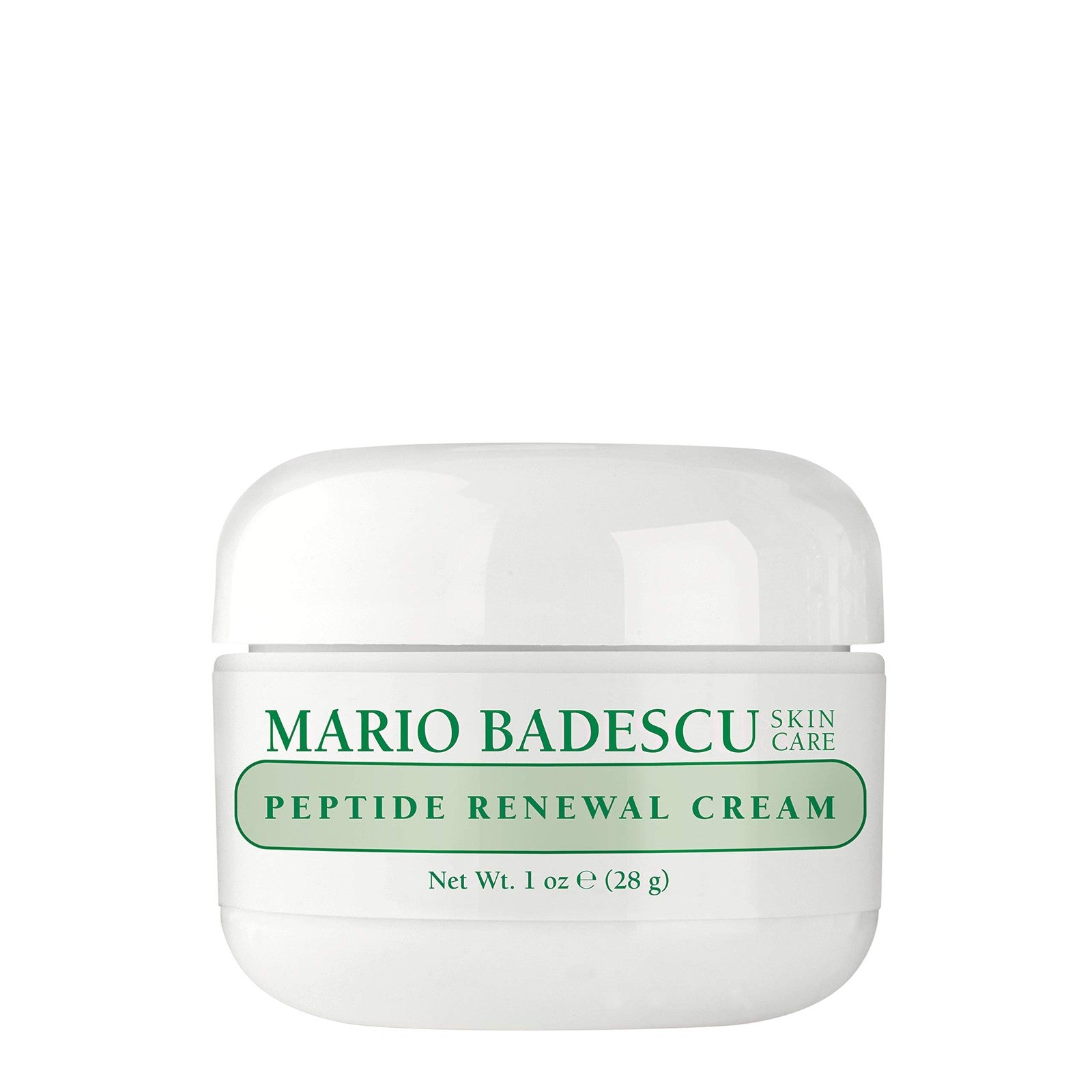 Mario Badescu Peptide Renewal Cream in a jar, designed for combination, dry, and sensitive skin, with a smooth, creamy texture.
