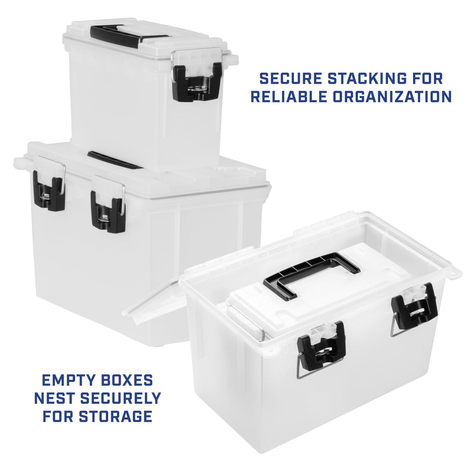 Sheffield 12722 stackable storage bins with lids, 2-pack, made in U, showing clear plastic bins with secure lids for organized storage.