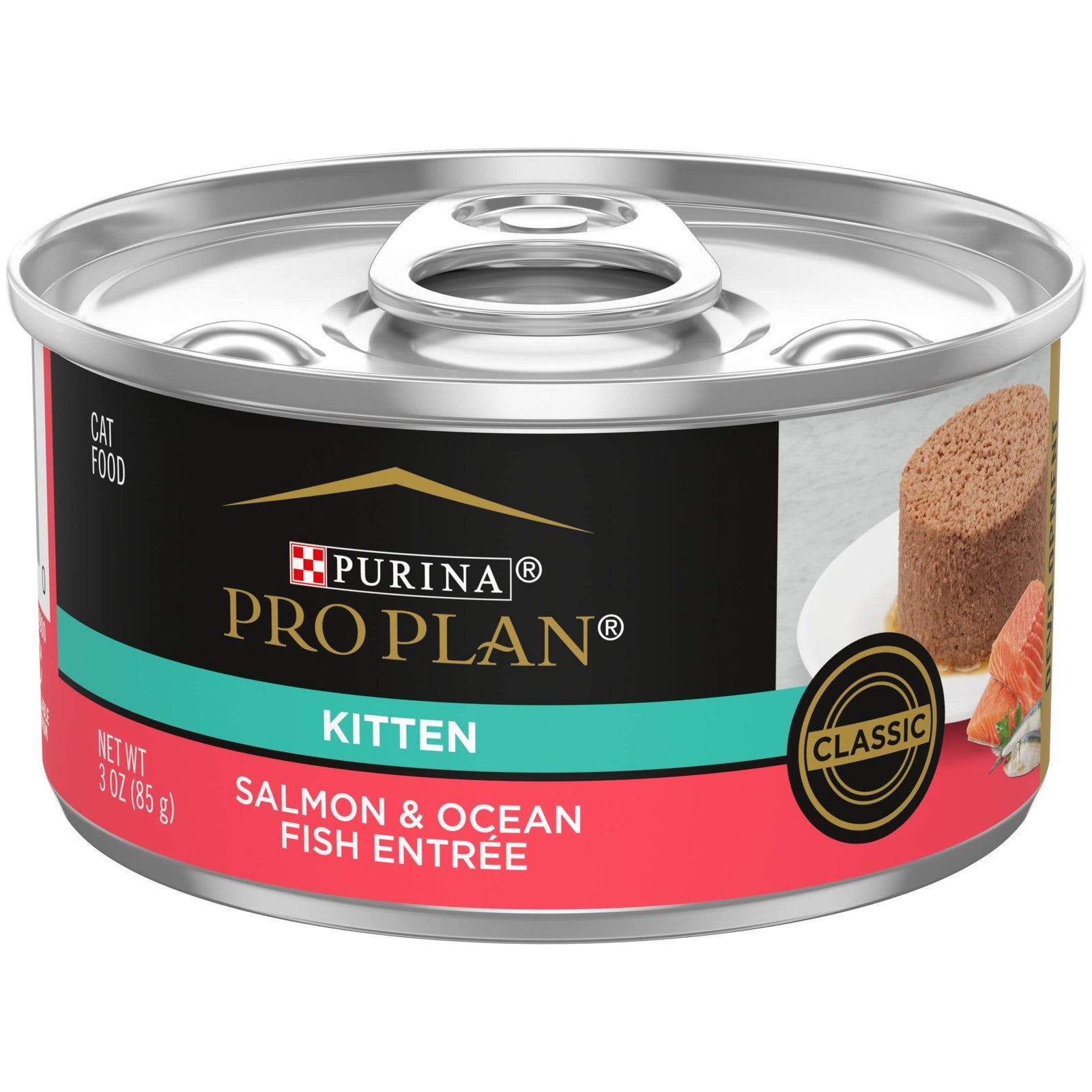Cans of Purina Pro Plan wet kitten food with salmon and ocean fish pate, 24-pack, 3oz each, in a retail display.