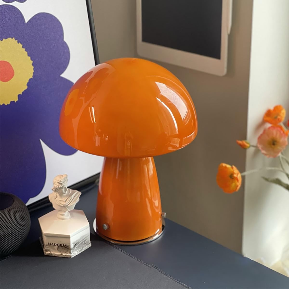MIXL cute mushroom table lamp with glass lampshade, small orange lighting, 3000K warm glow for cozy decor.
