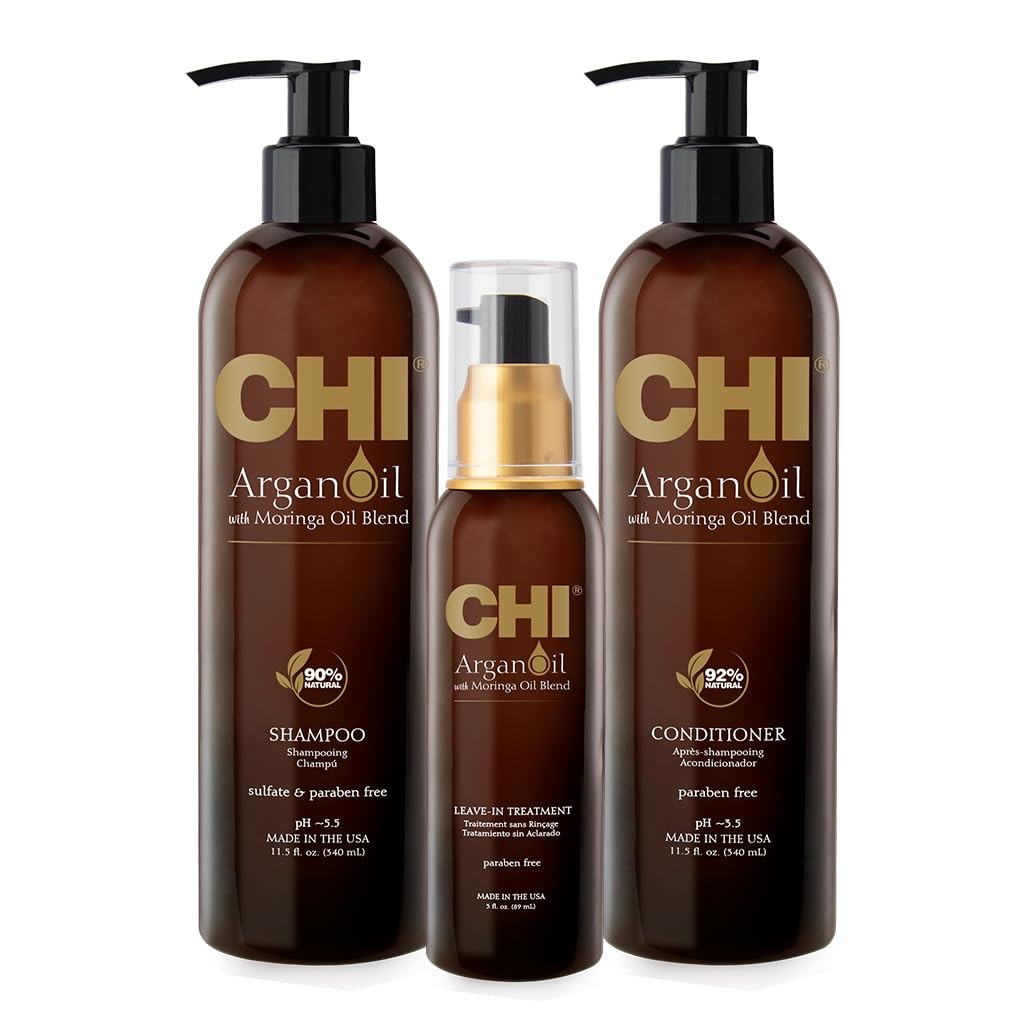 CHI Argan Oil plus Moringa Oil Luxe Trio Kit with shampoo, conditioner, and moringa oil bottles on a white background.