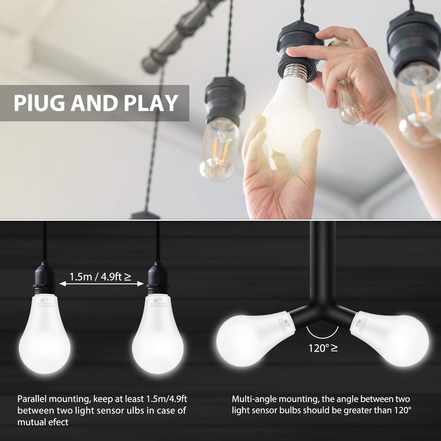 Six unbranded dusk to dawn LED A19 light bulbs, 11W with E26 base, showing the bulbs installed in a home lighting fixture.