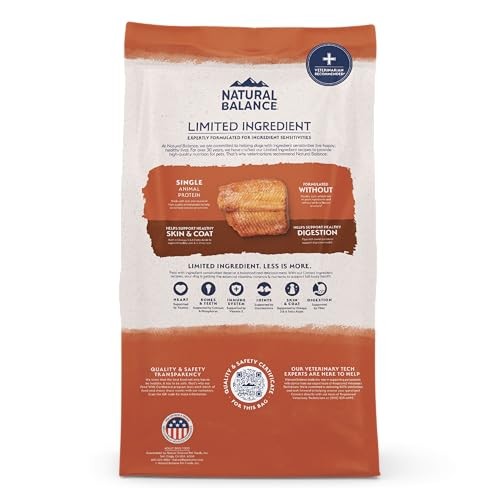 Bag of Natural Balance Limited Ingredient Grain Salmon and Sweet Potato Dry Dog Food with image of kibble and ingredients.