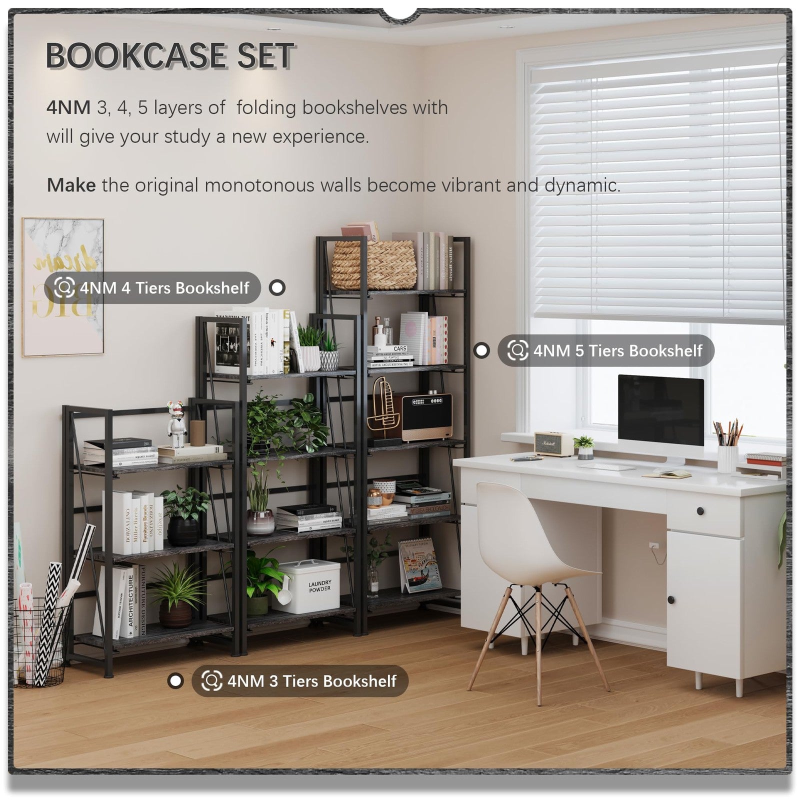 4NM 4Nm folding bookshelf with 3 tiers, vintage wood finish, no assembly storage shelves ideal for books and home decor.