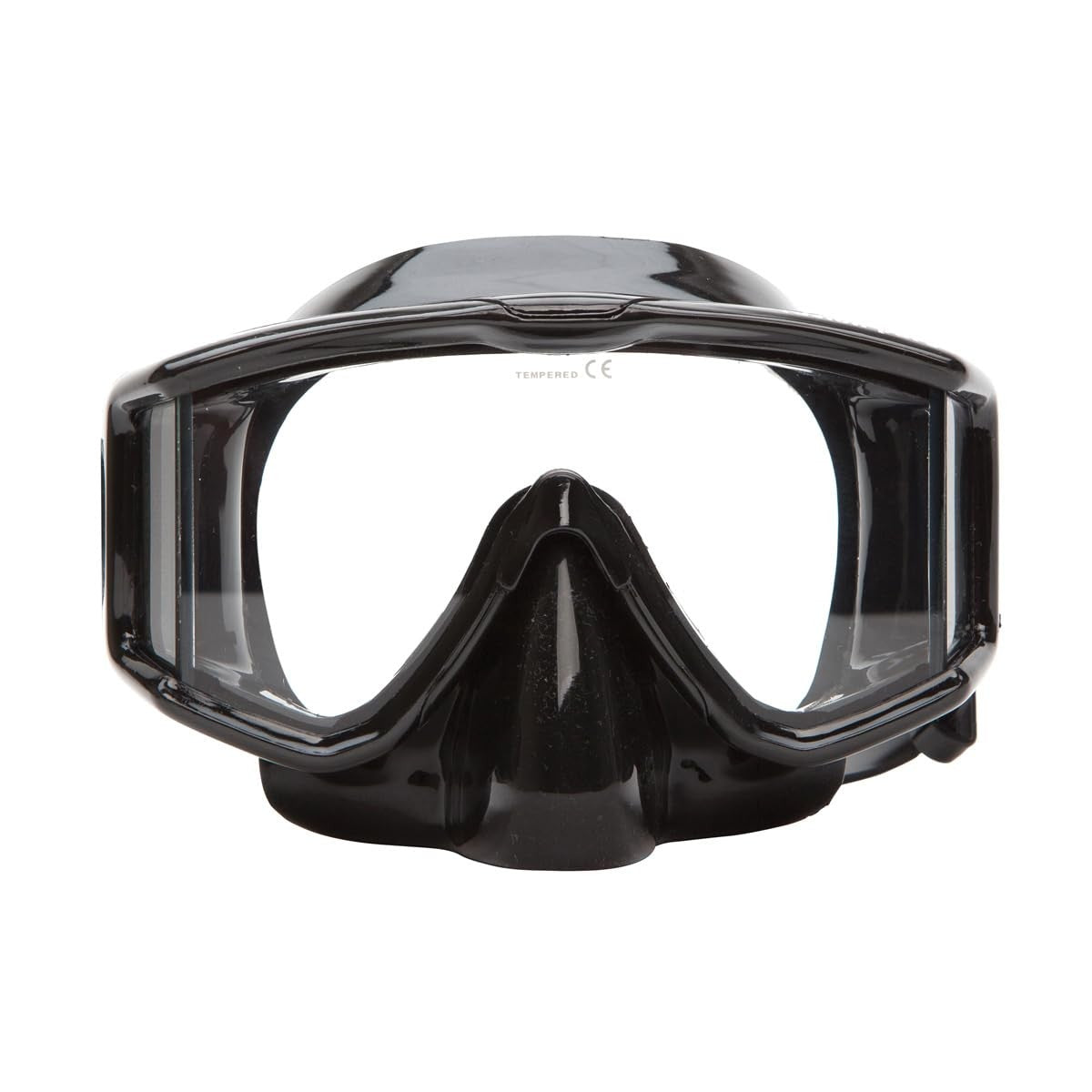 Black XS Scuba Fusion Purge Dive Mask with silicone skirt, clear lens, and adjustable strap for comfortable underwater fit.