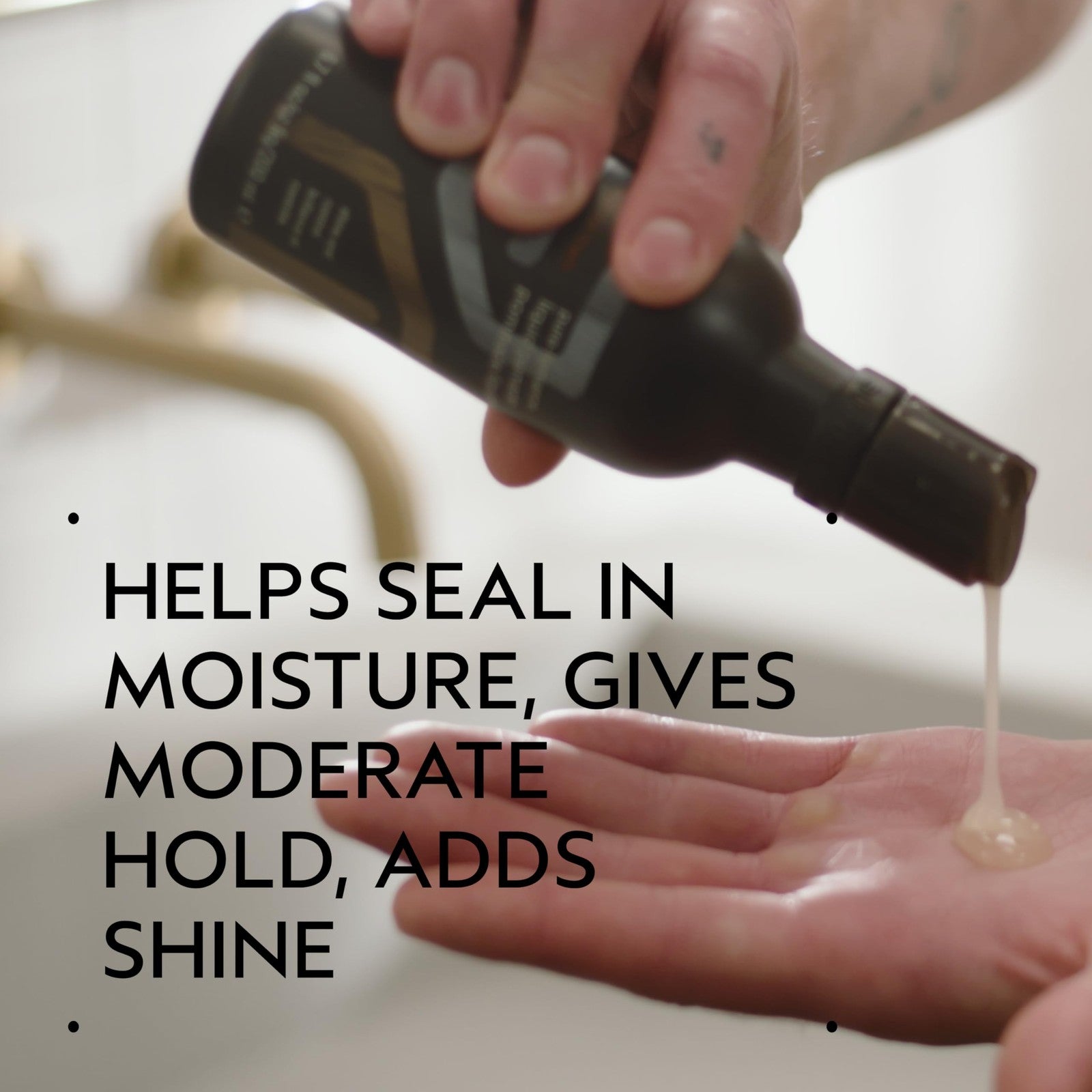 Aveda Men Pure-Formance Liquid Pomade showing a clear bottle with the lightweight, medium-hold formula for men's styling.