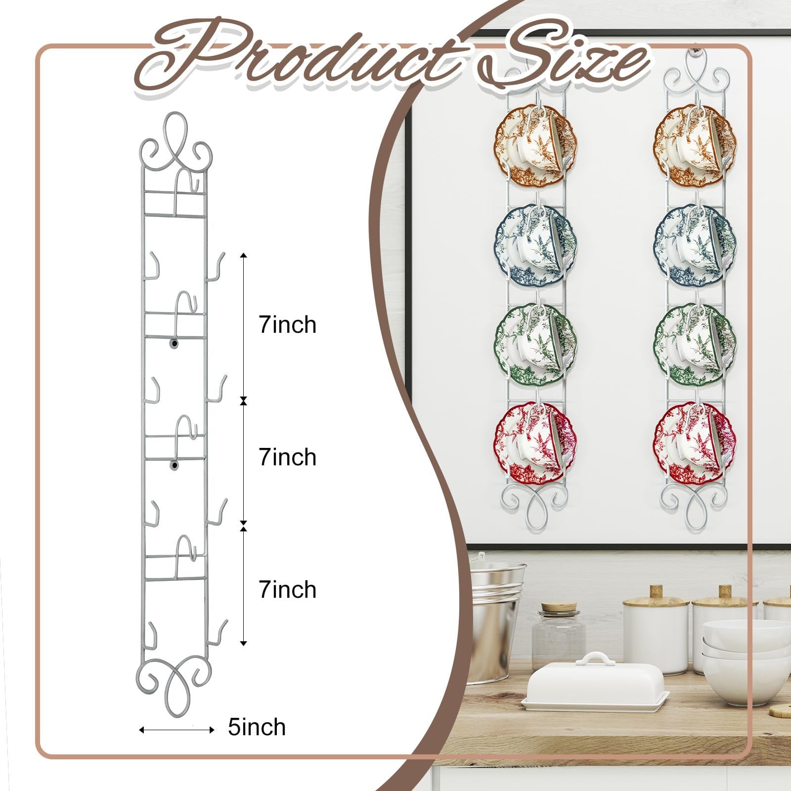 Blulu 2-piece wall-mounted tea cup and saucer display rack with 4-tier metal mug holder attached to a wall.