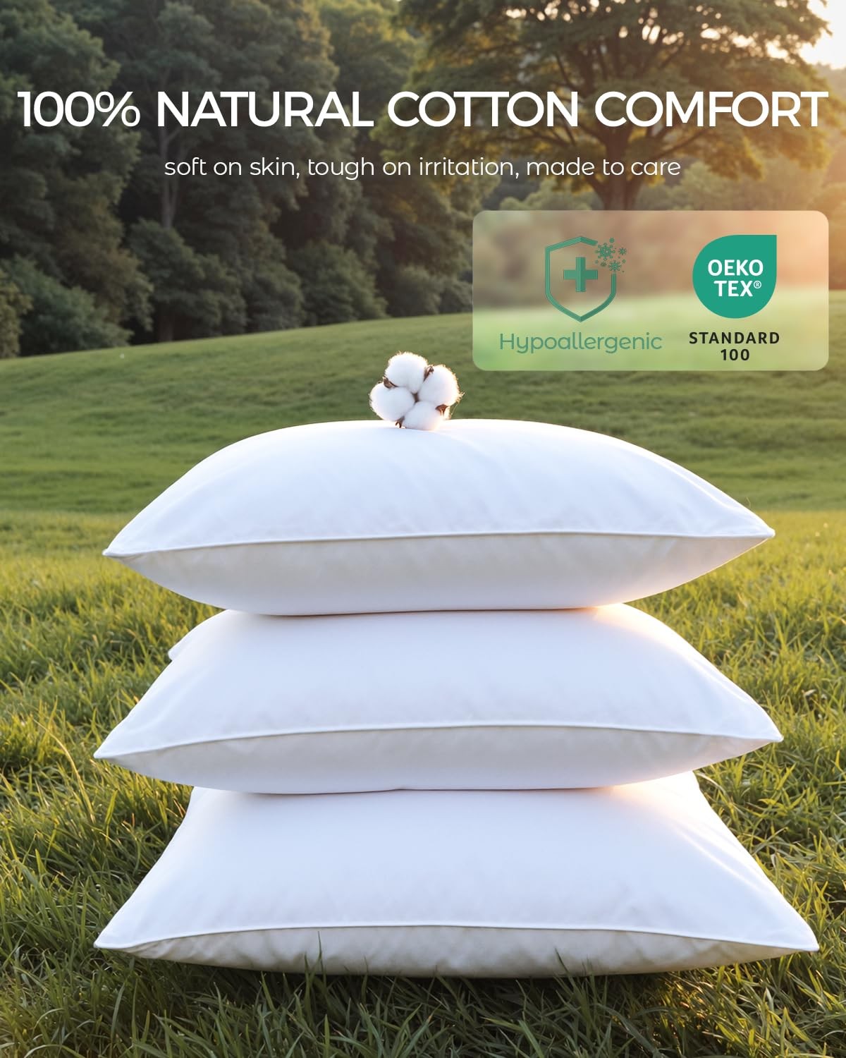 FAUNNA 100% cotton pillow protectors with bed bug proof, hypoallergenic, and antimicrobial features, shown on pillows.