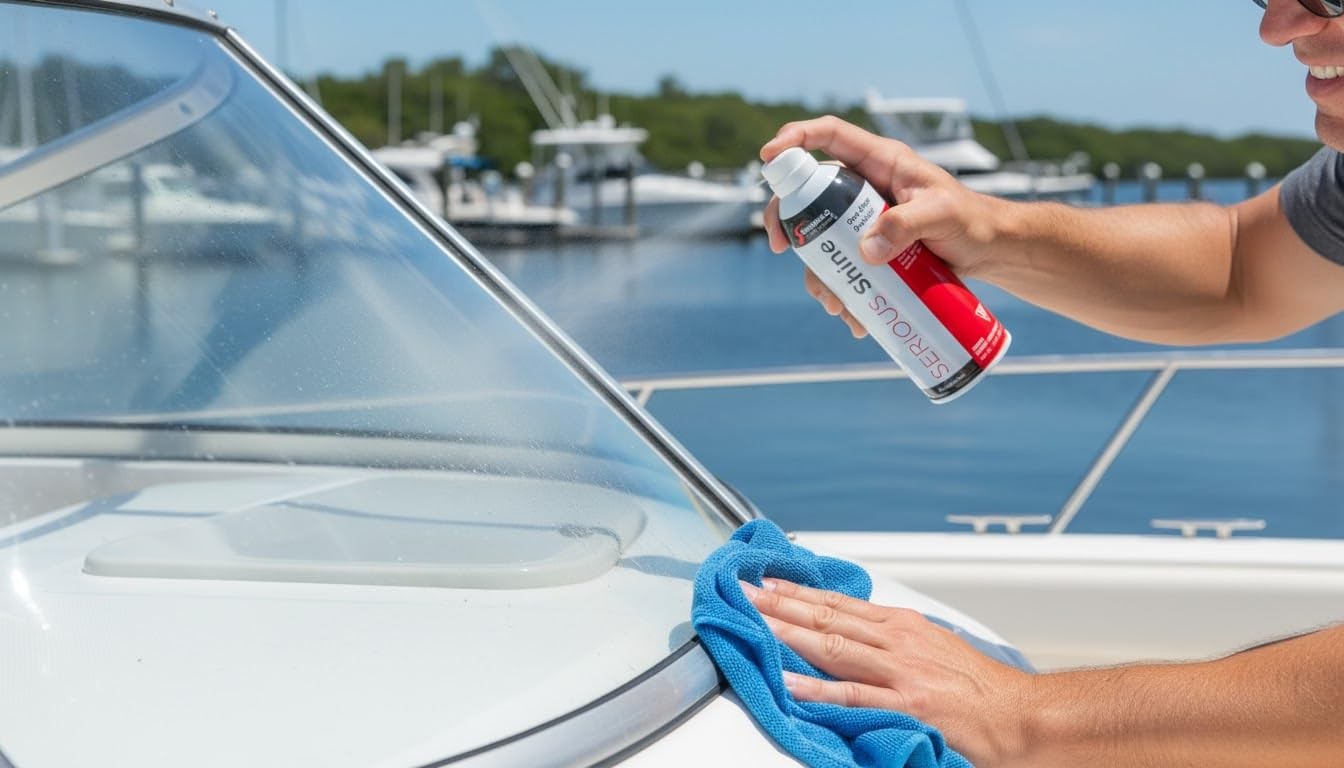 Shurhold Serious Shine Quick Detailer spray polish with UV protection displayed on a vehicle surface, ready for quick cleaning and shine.